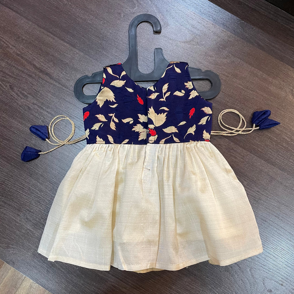 Cream Color Kasavu & Navy Sleeveless Combination Frock