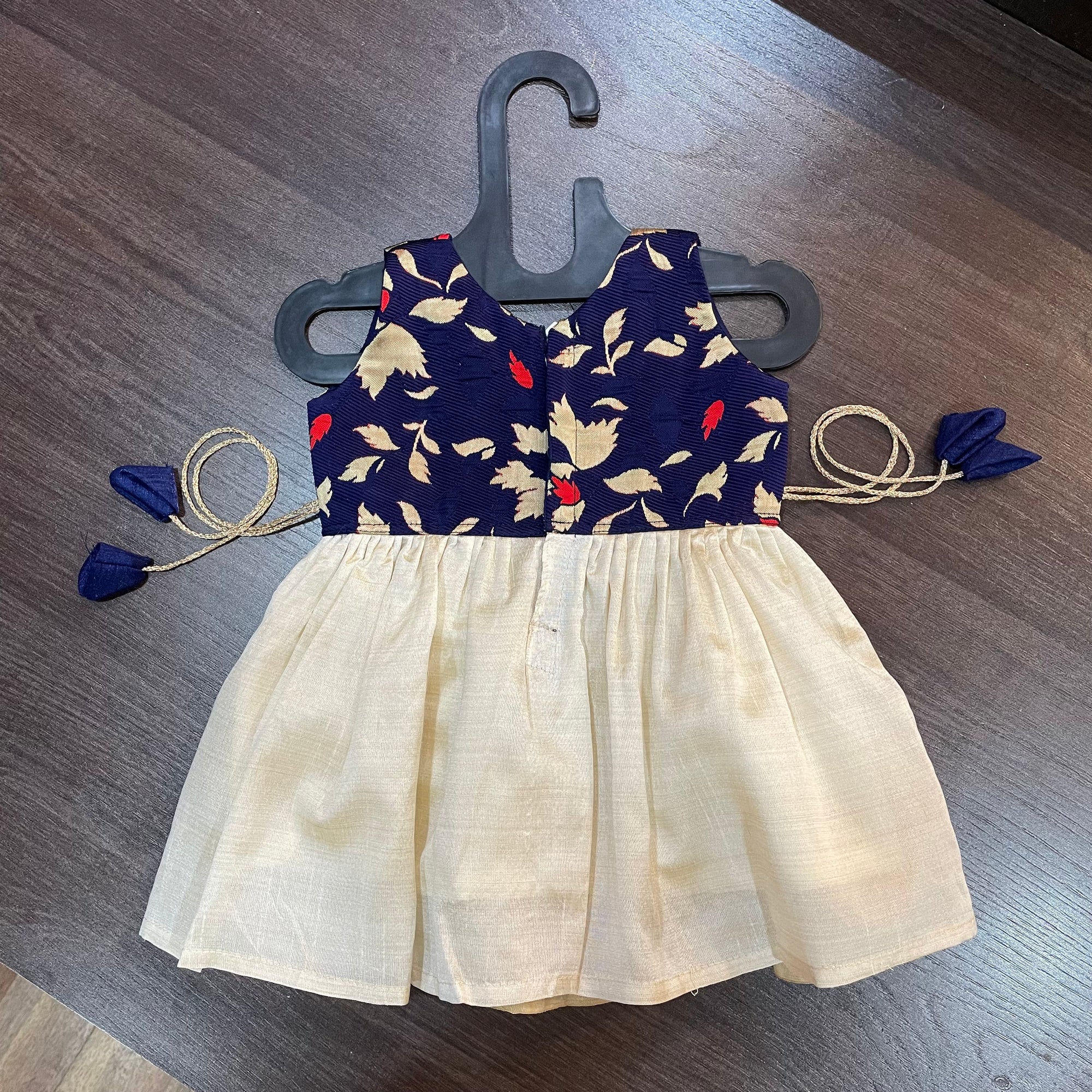 Cream Color Kasavu & Navy Sleeveless Combination Frock