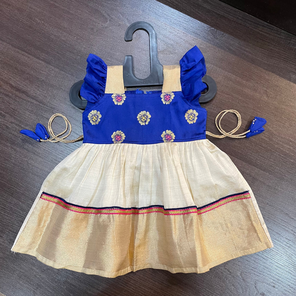 Cream Color Kasavu & Blue Flower Frill Combination Frock