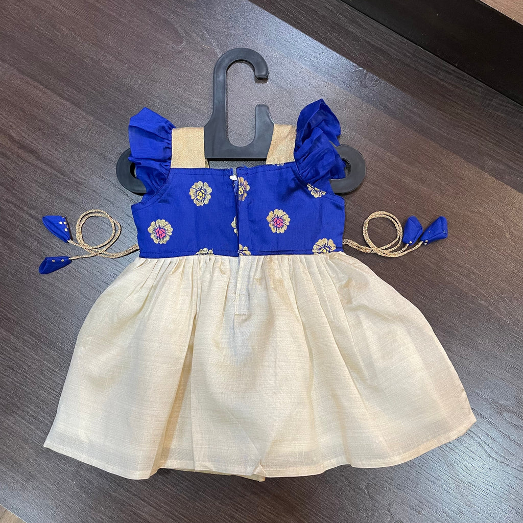 Cream Color Kasavu & Blue Flower Frill Combination Frock