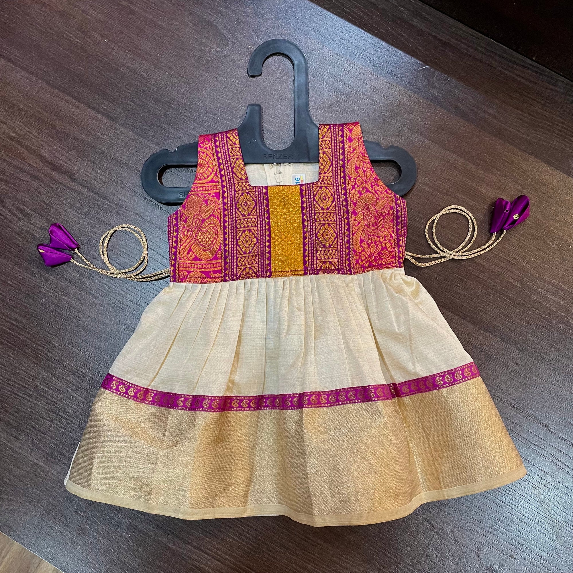 Cream Color Kasavu & Purple Saipriya Border Frock