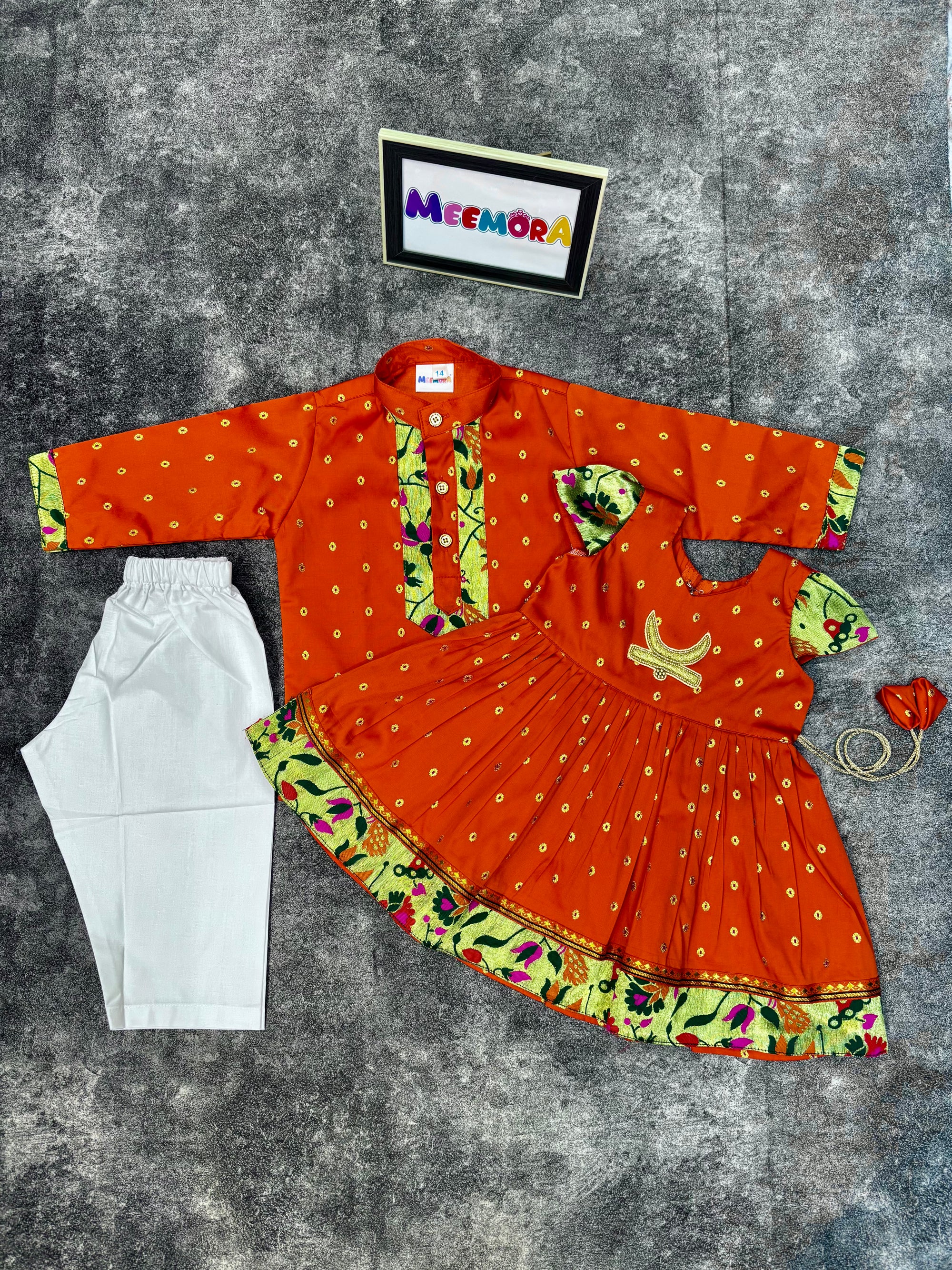Orange Chandrakor Paithani Silk Frock & Kurta Pajama Combo