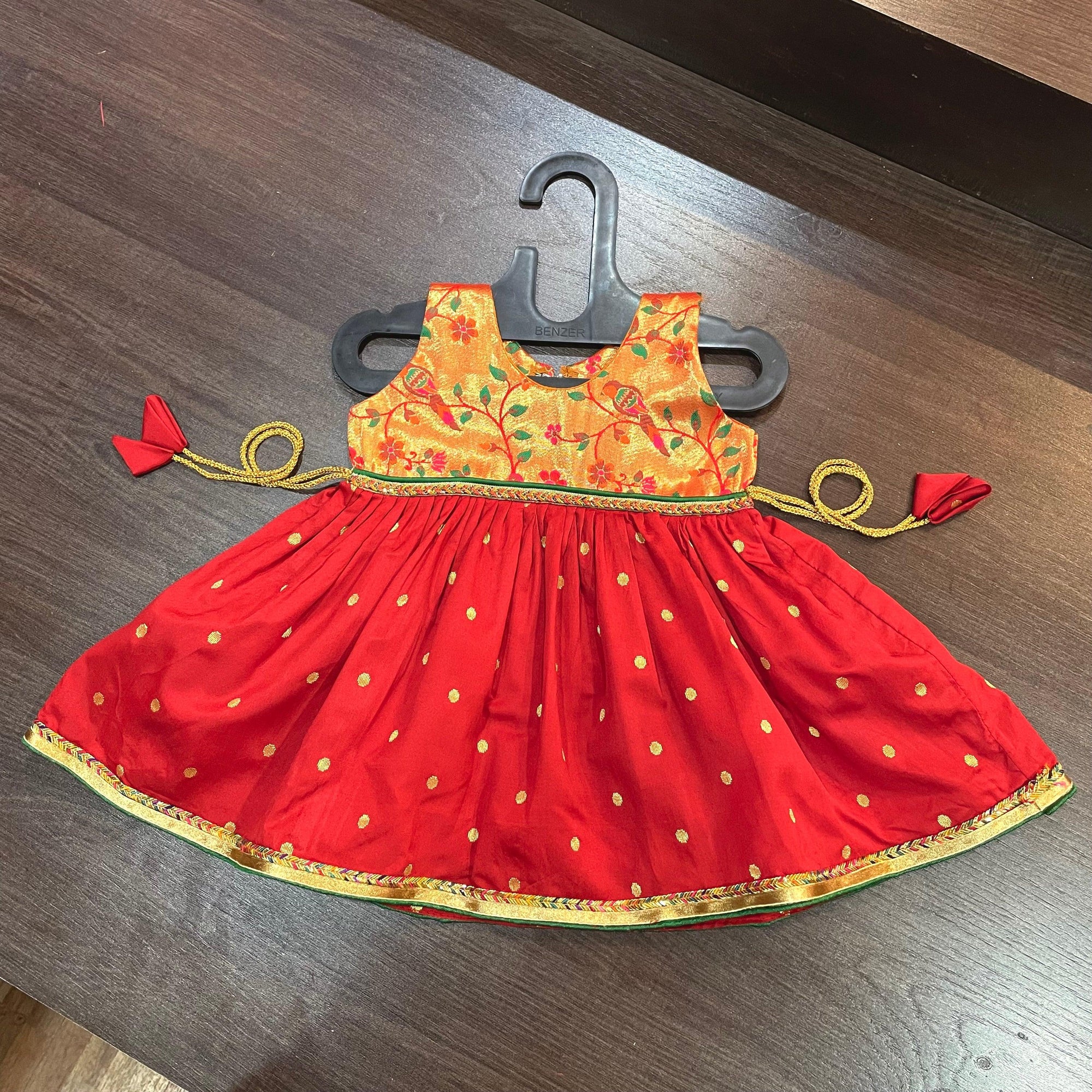 Red Golden Zari Combination Frock - MEEMORA FROCKS