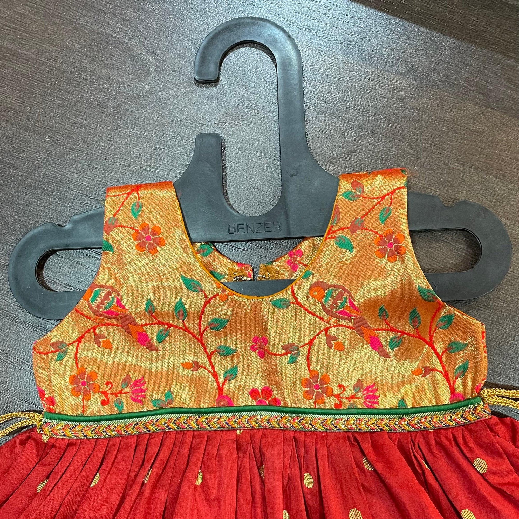 Red Golden Zari Combination Frock - MEEMORA FROCKS