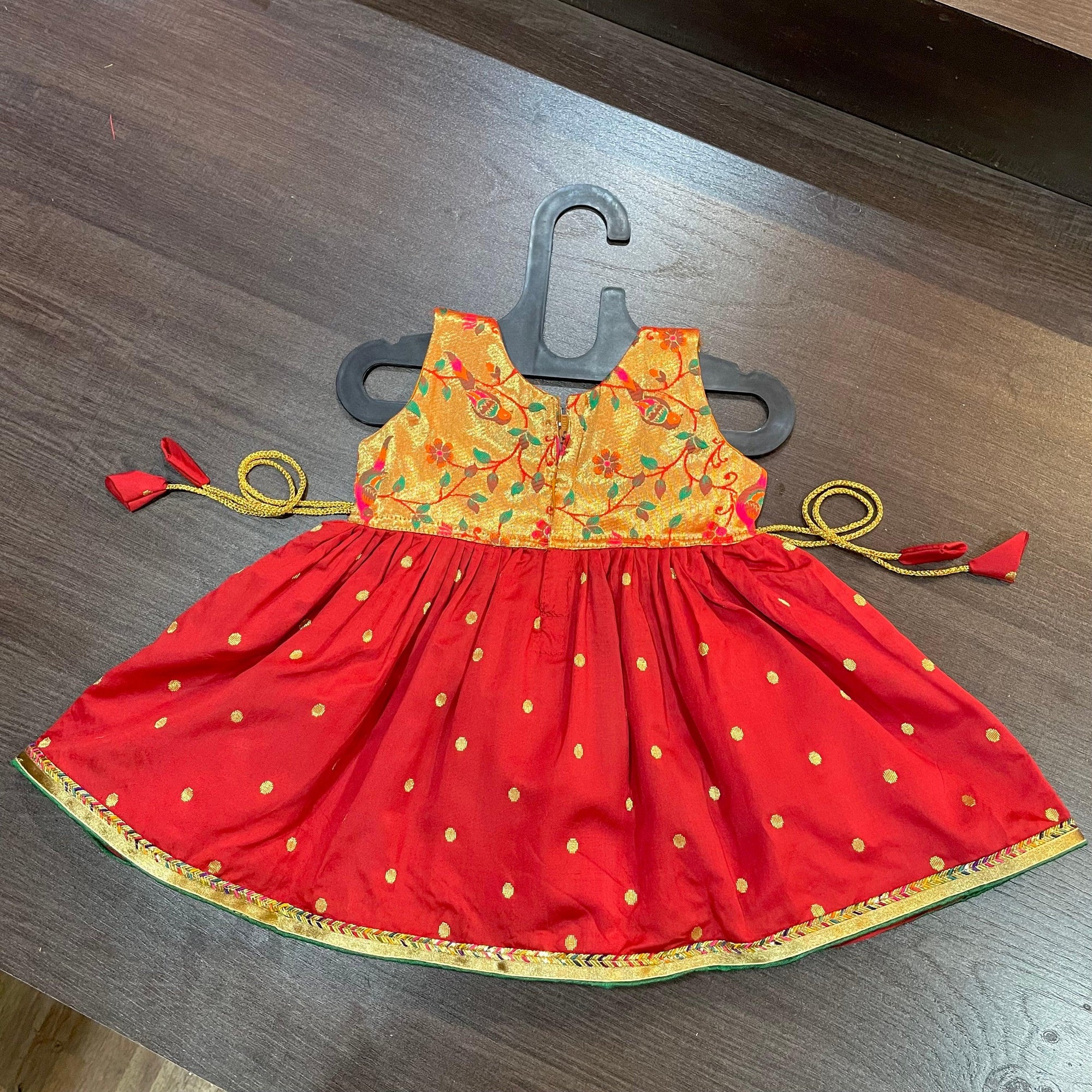 Red Golden Zari Combination Frock - MEEMORA FROCKS