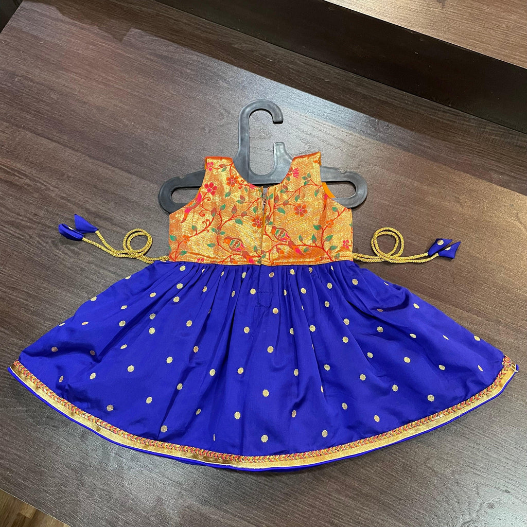 Royal Blue Golden Zari Combination Frock - MEEMORA FROCKS