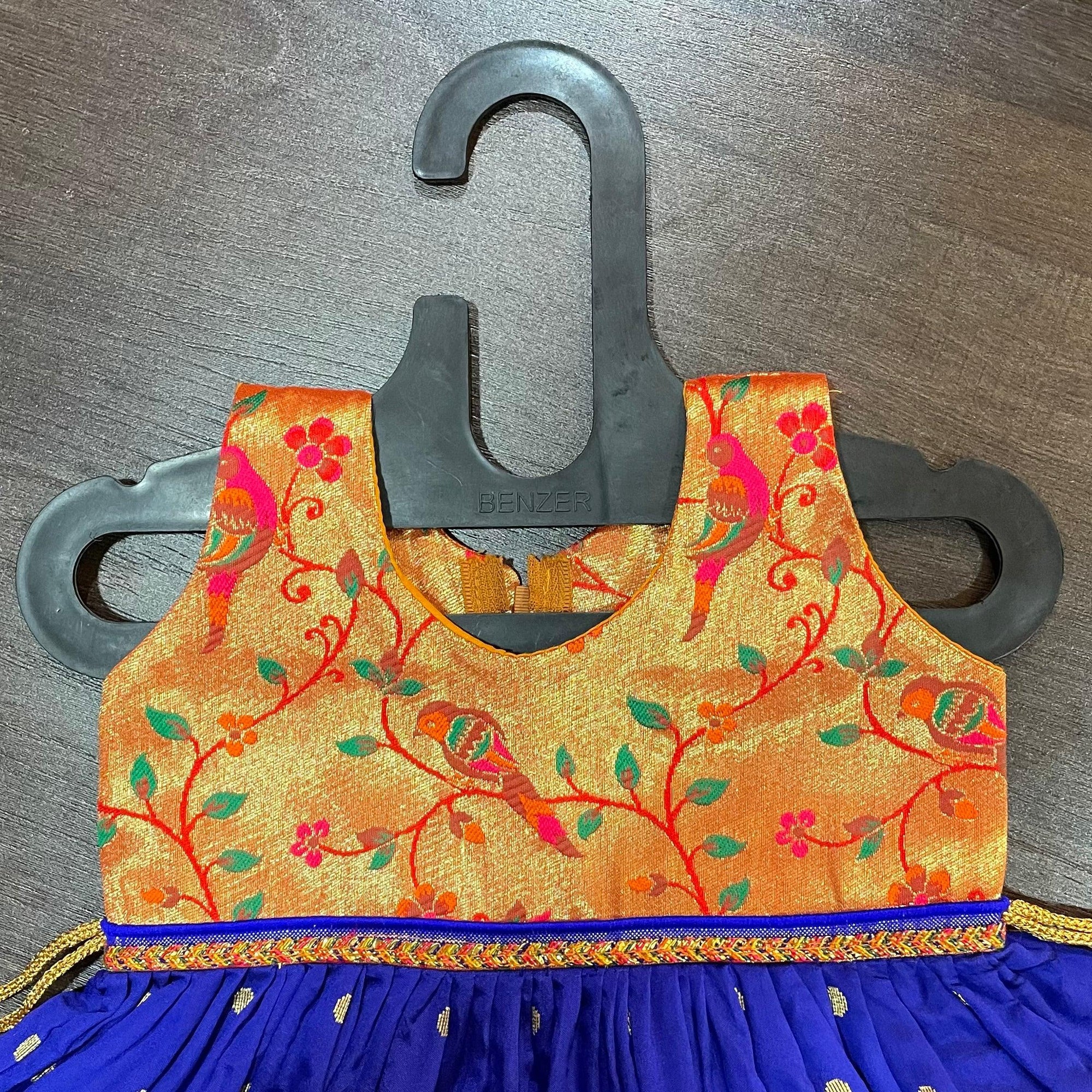 Royal Blue Golden Zari Combination Frock - MEEMORA FROCKS