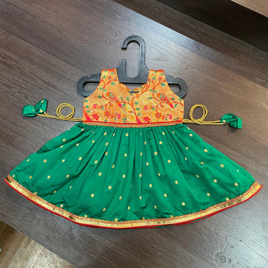 Green Golden Zari Combination Frock - MEEMORA FROCKS