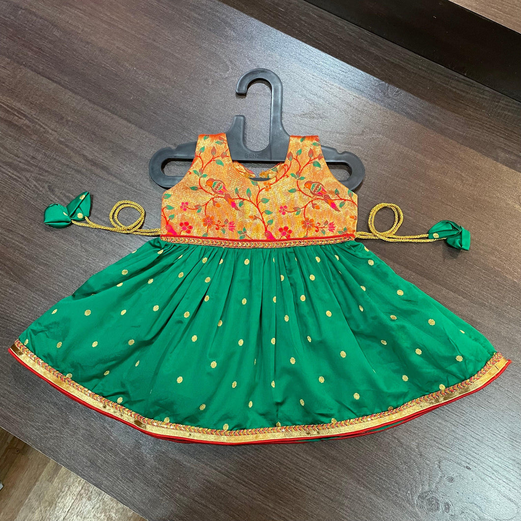 Green Golden Zari Combination Frock - MEEMORA FROCKS