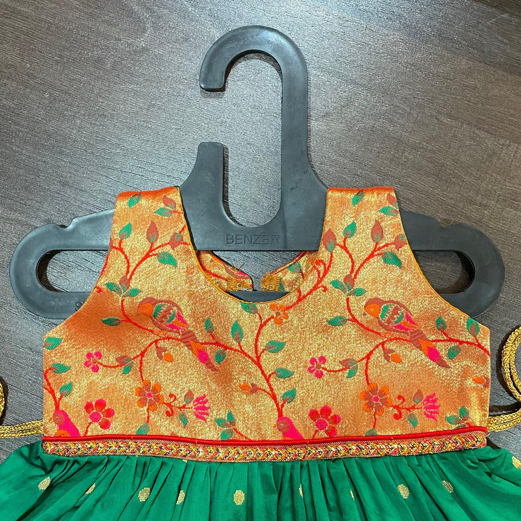Green Golden Zari Combination Frock - MEEMORA FROCKS