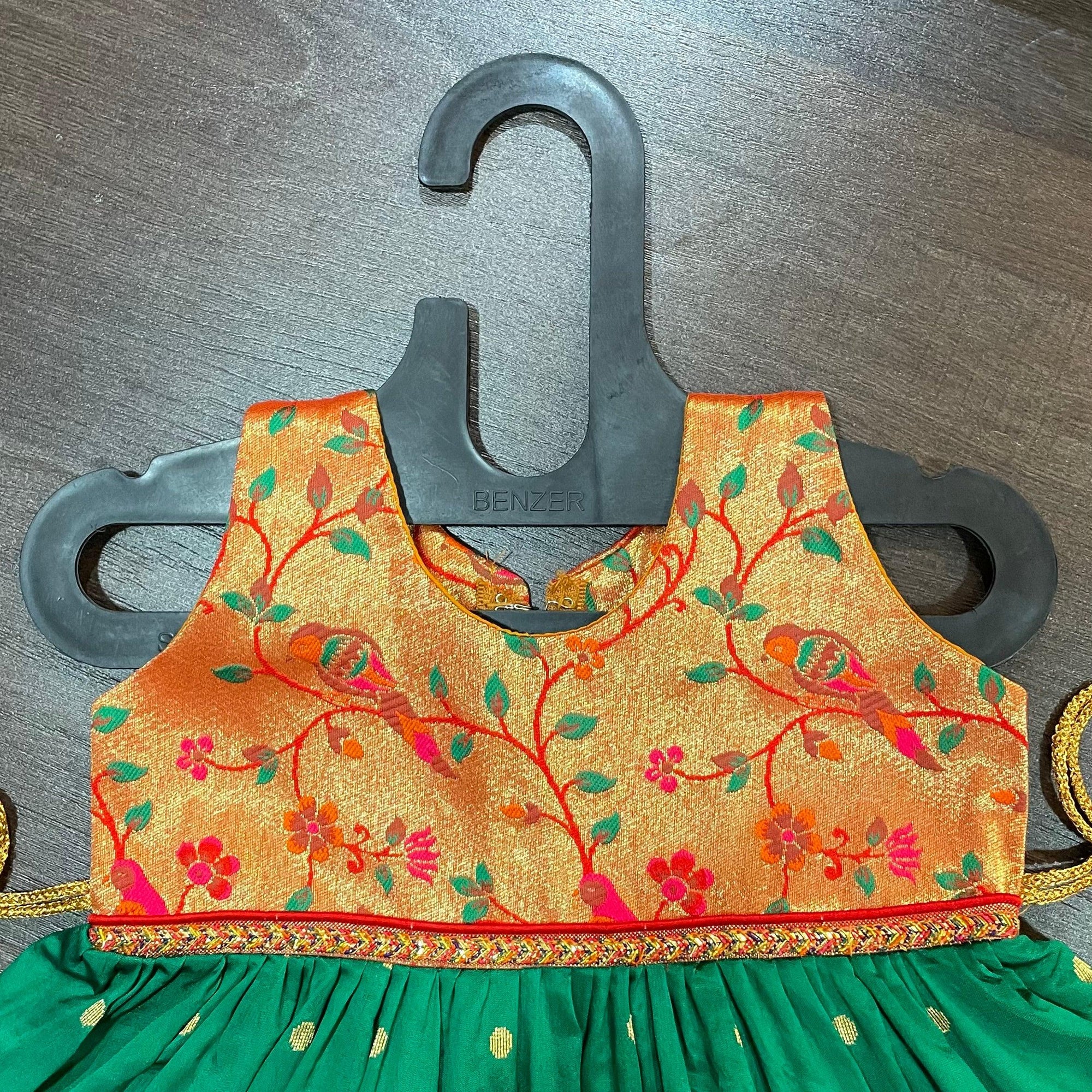 Green Golden Zari Combination Frock - MEEMORA FROCKS