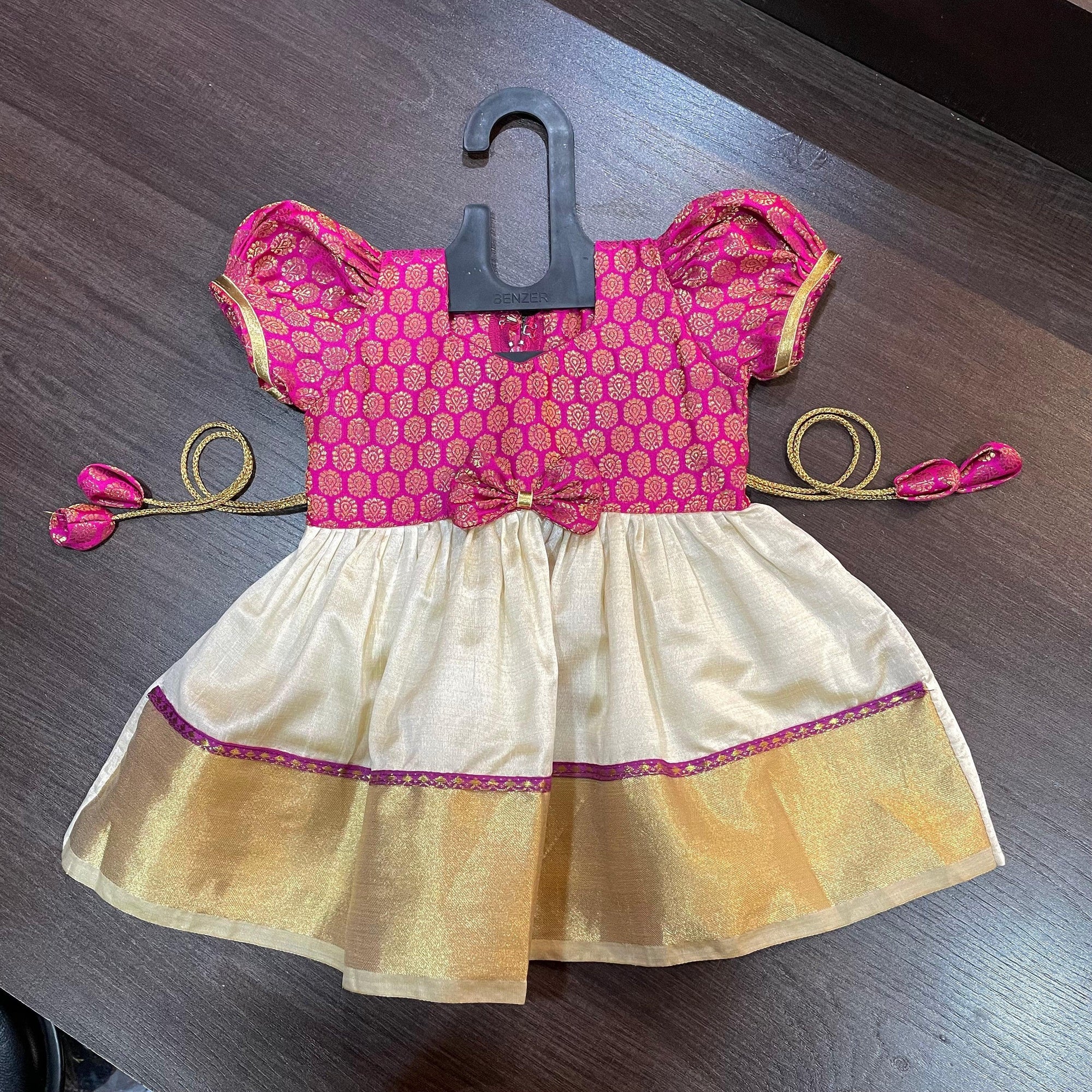 Cream Color Kasavu & Rani Banarsi Brocade Combination Silk Frock - MEEMORA FROCKS
