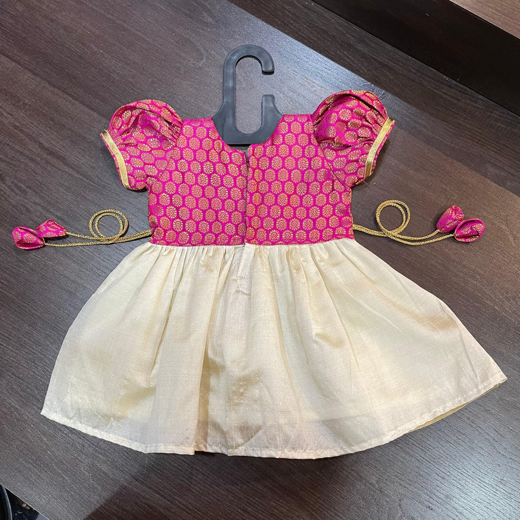 Cream Color Kasavu & Rani Banarsi Brocade Combination Silk Frock - MEEMORA FROCKS
