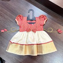 Load image into Gallery viewer, Cream Color Kasavu &amp; Tomato Banarsi Brocade Combination Silk Frock - MEEMORA FROCKS
