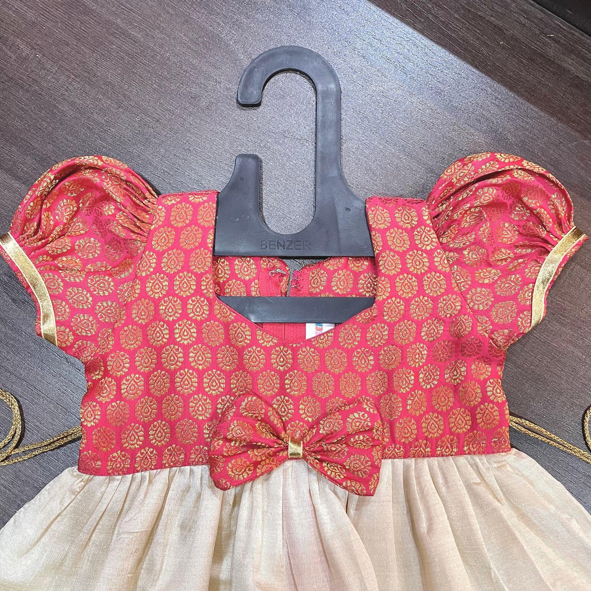 Cream Color Kasavu & Tomato Banarsi Brocade Combination Silk Frock - MEEMORA FROCKS