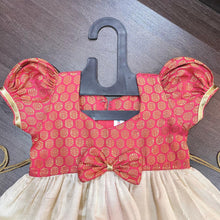 Load image into Gallery viewer, Cream Color Kasavu &amp; Tomato Banarsi Brocade Combination Silk Frock - MEEMORA FROCKS
