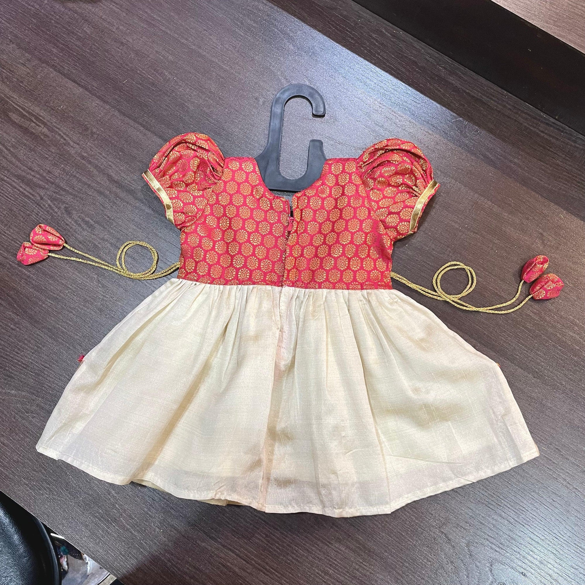 Cream Color Kasavu & Tomato Banarsi Brocade Combination Silk Frock - MEEMORA FROCKS