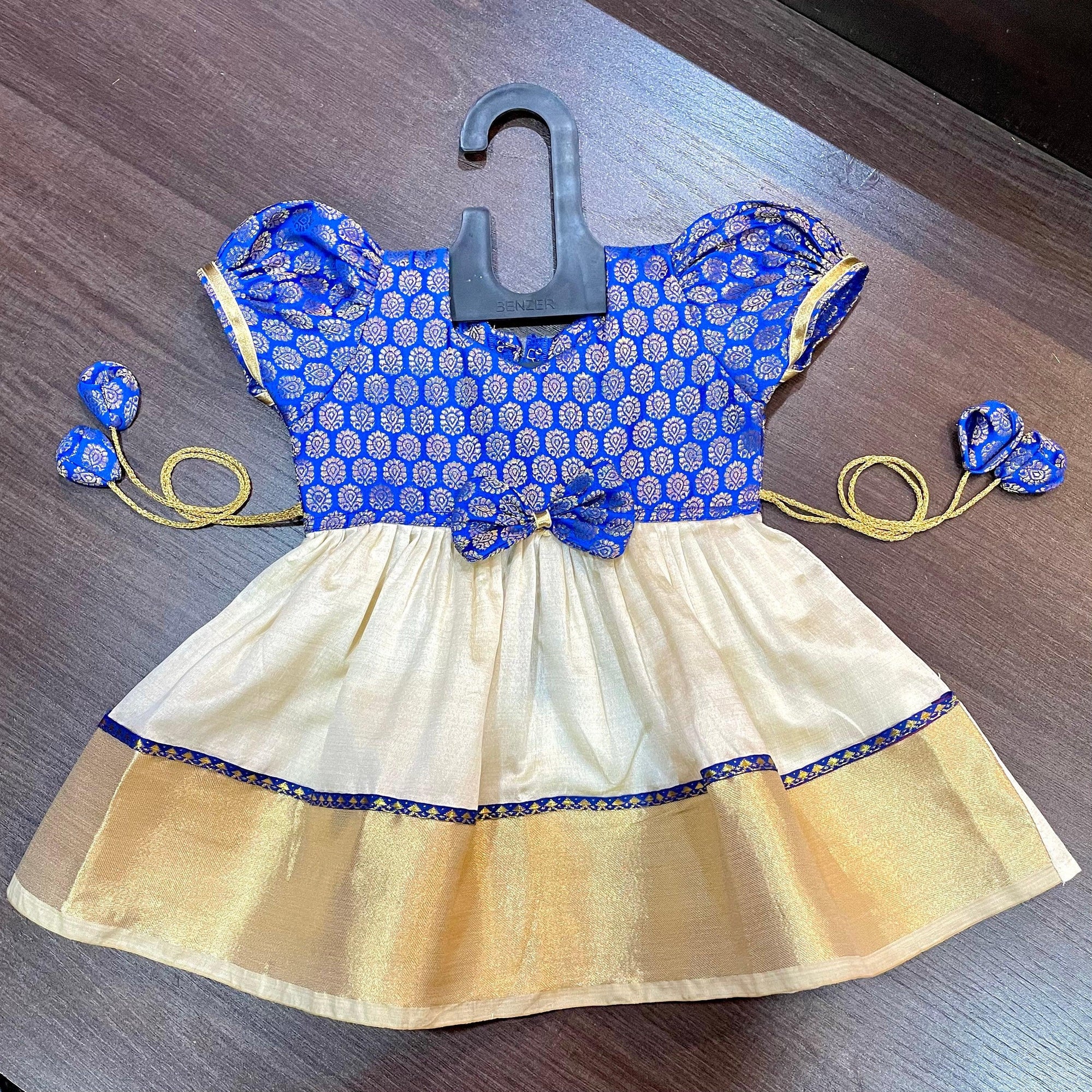 Cream Color Kasavu & Royal Blue Banarsi Brocade Combination Silk Frock - MEEMORA FROCKS