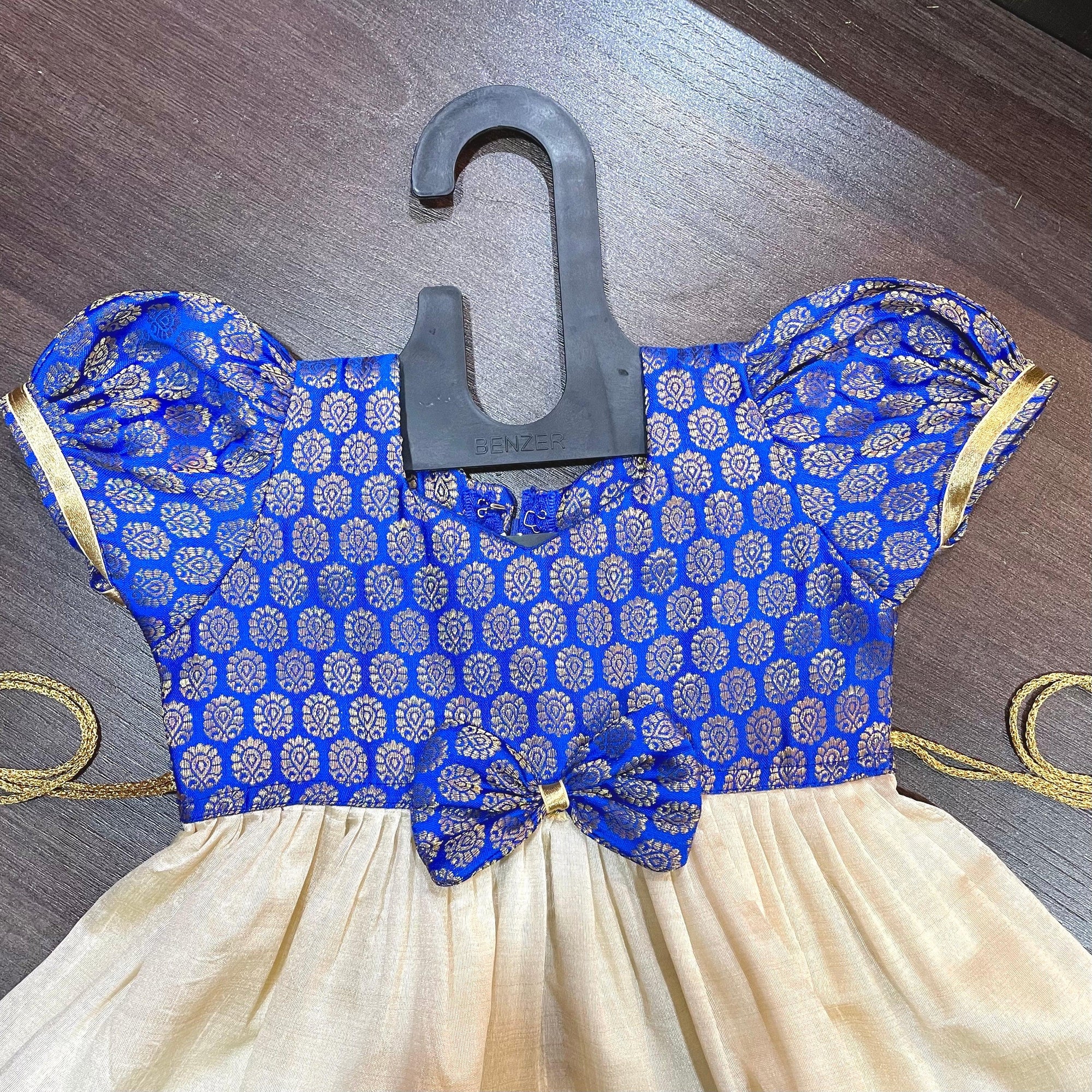 Cream Color Kasavu & Royal Blue Banarsi Brocade Combination Silk Frock - MEEMORA FROCKS