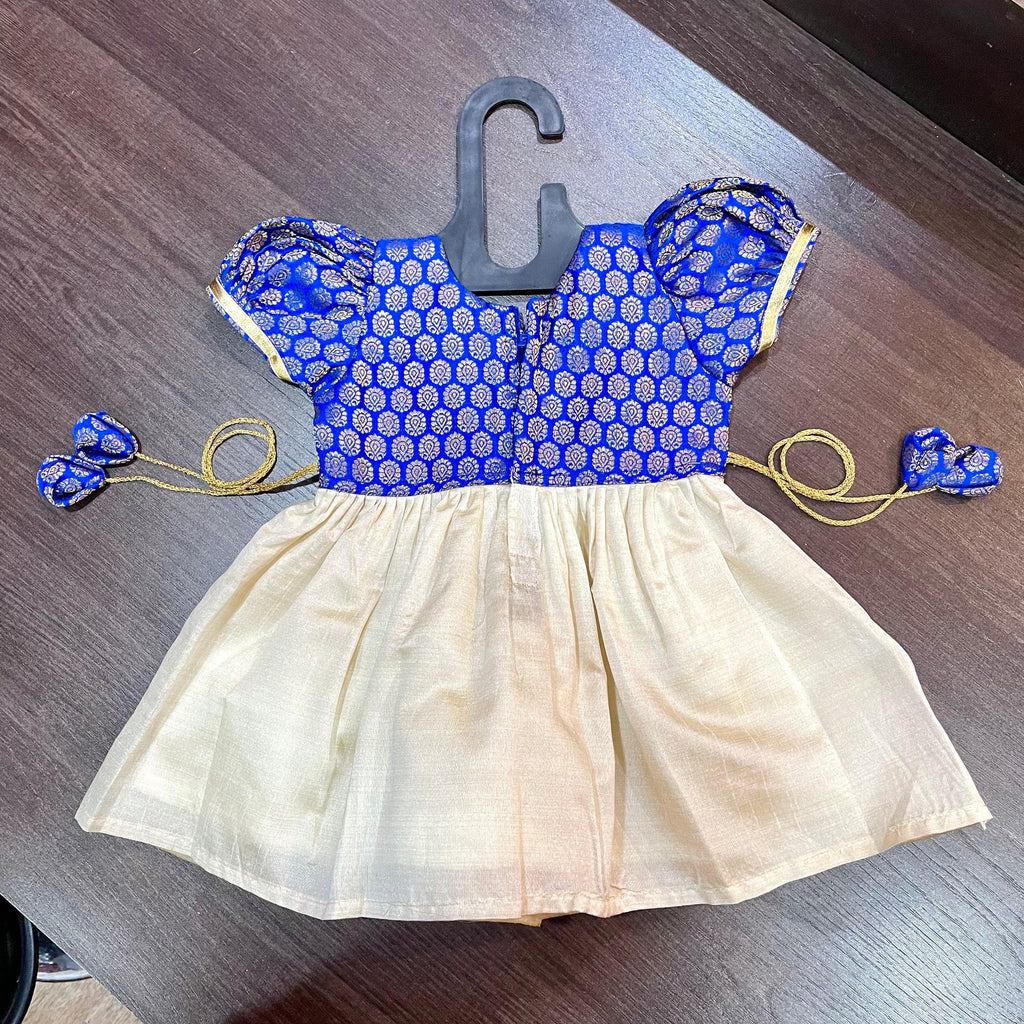 Cream Color Kasavu & Royal Blue Banarsi Brocade Combination Silk Frock - MEEMORA FROCKS
