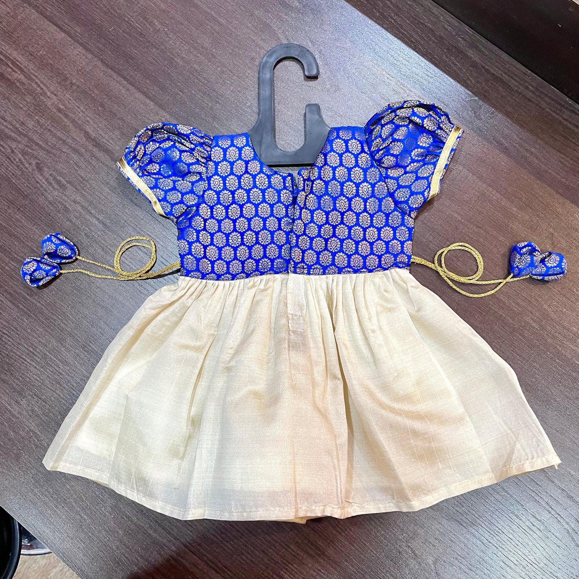 Cream Color Kasavu & Royal Blue Banarsi Brocade Combination Silk Frock - MEEMORA FROCKS