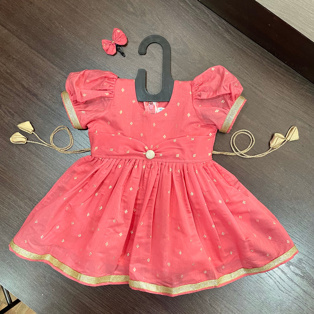 Peachy Pink Color Butti Modal Silk Frock