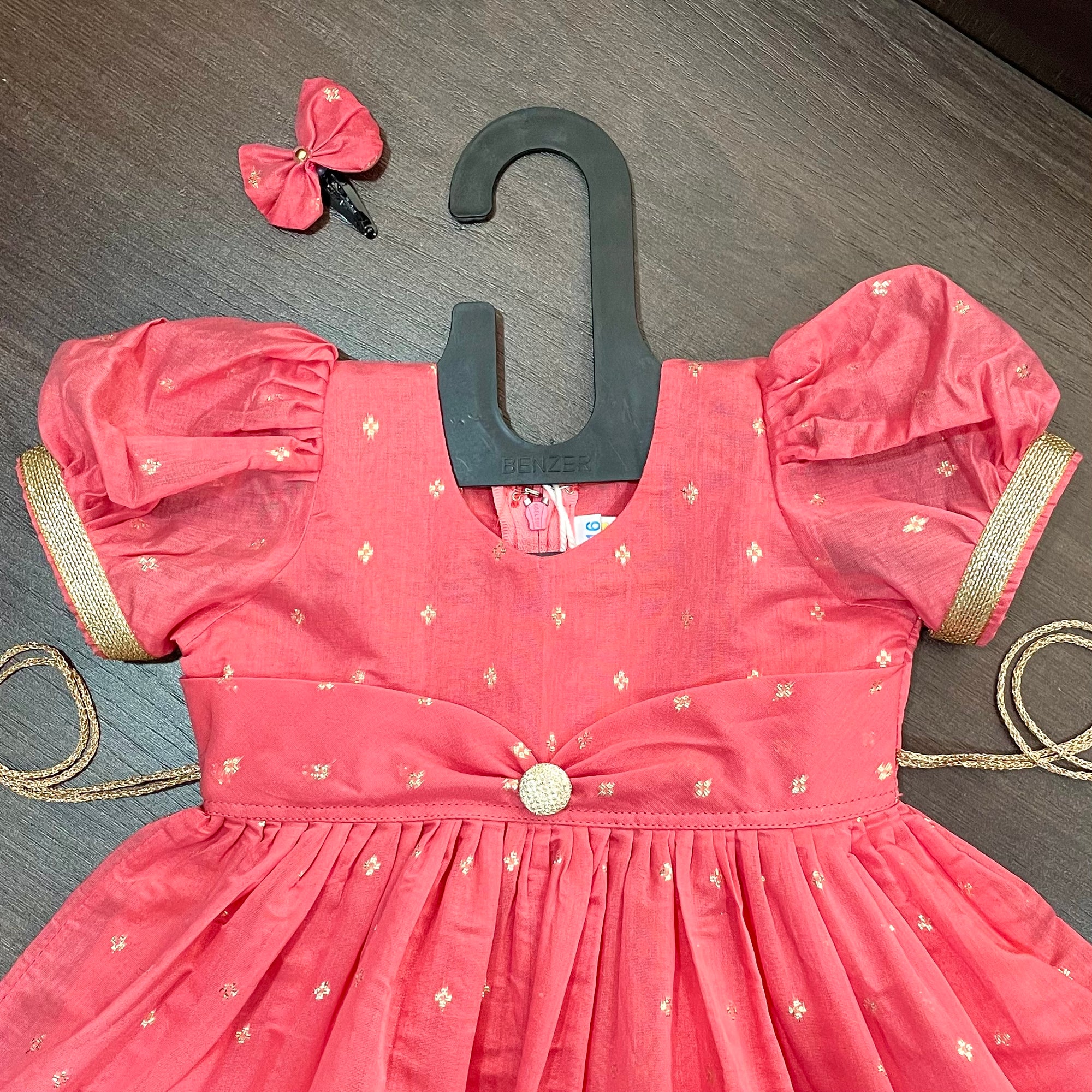 Peachy Pink Color Chanderi Silk Frock