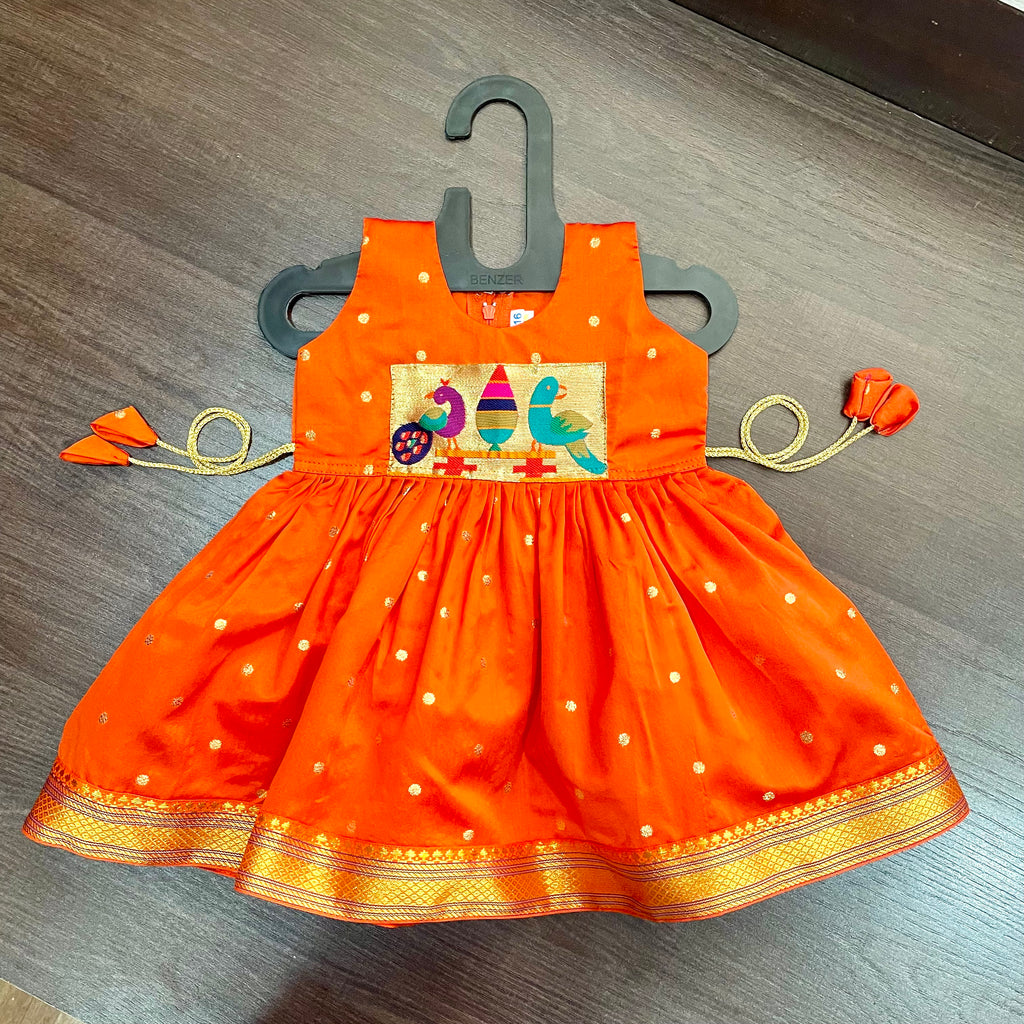 Orange Silk with Peacock Paithani Patch Dress