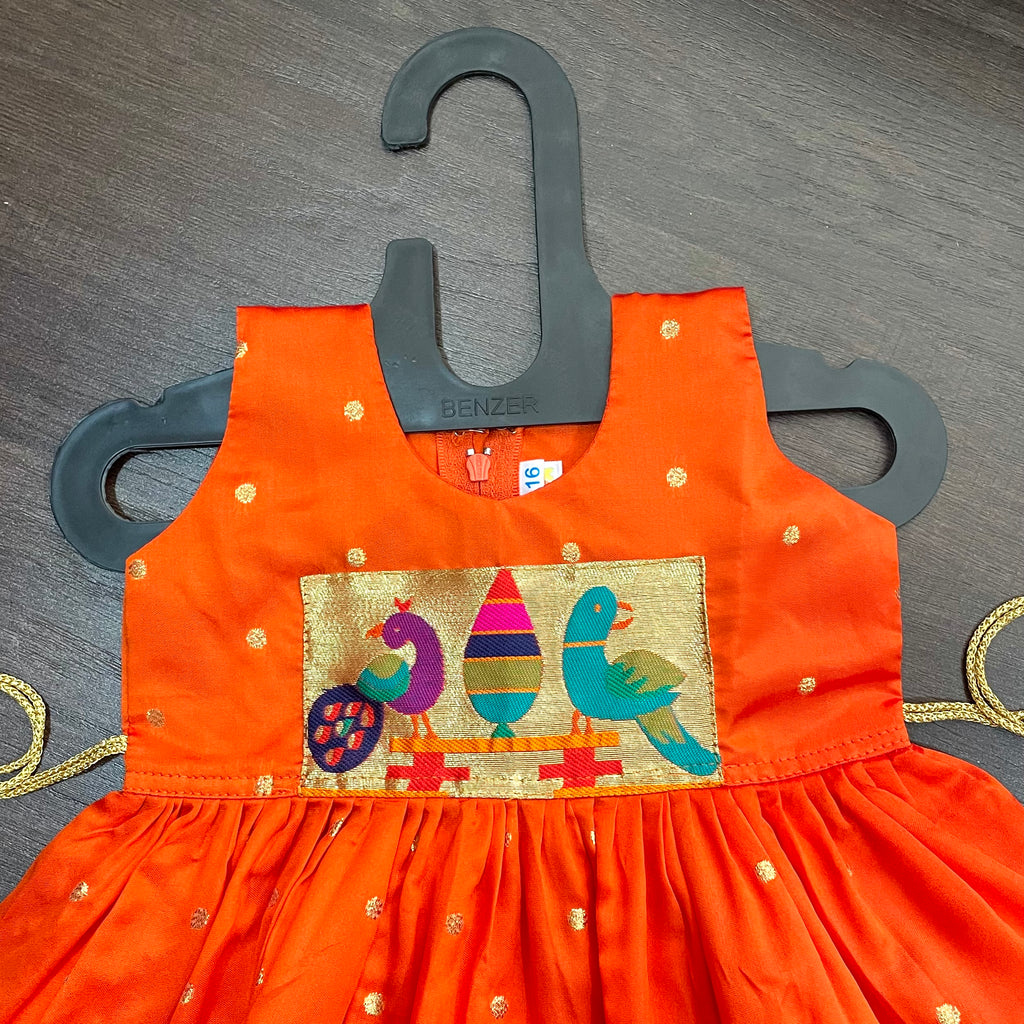 Orange Silk with Peacock Paithani Patch Dress