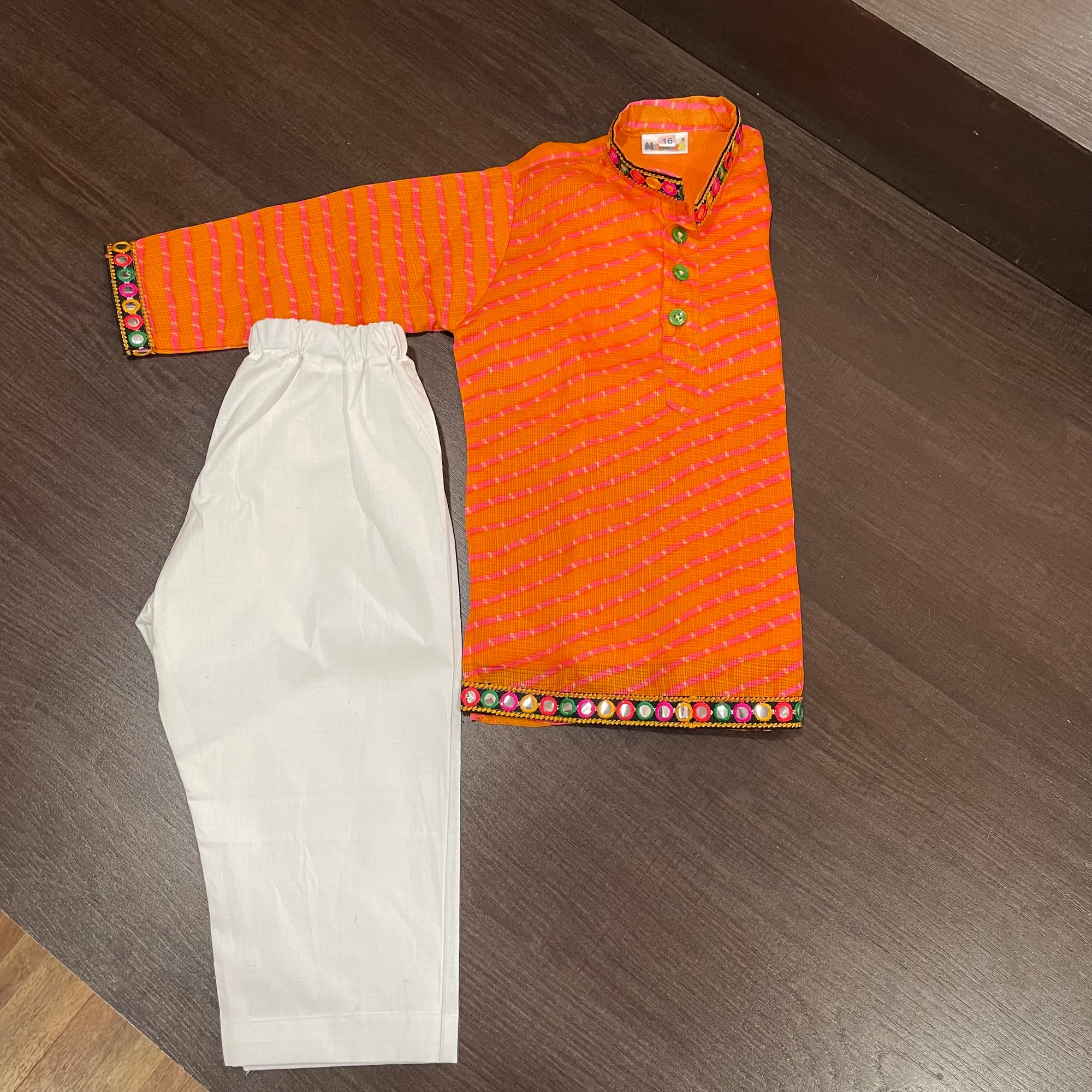 Neon Orange Lehriya Styled Kurta Pajama