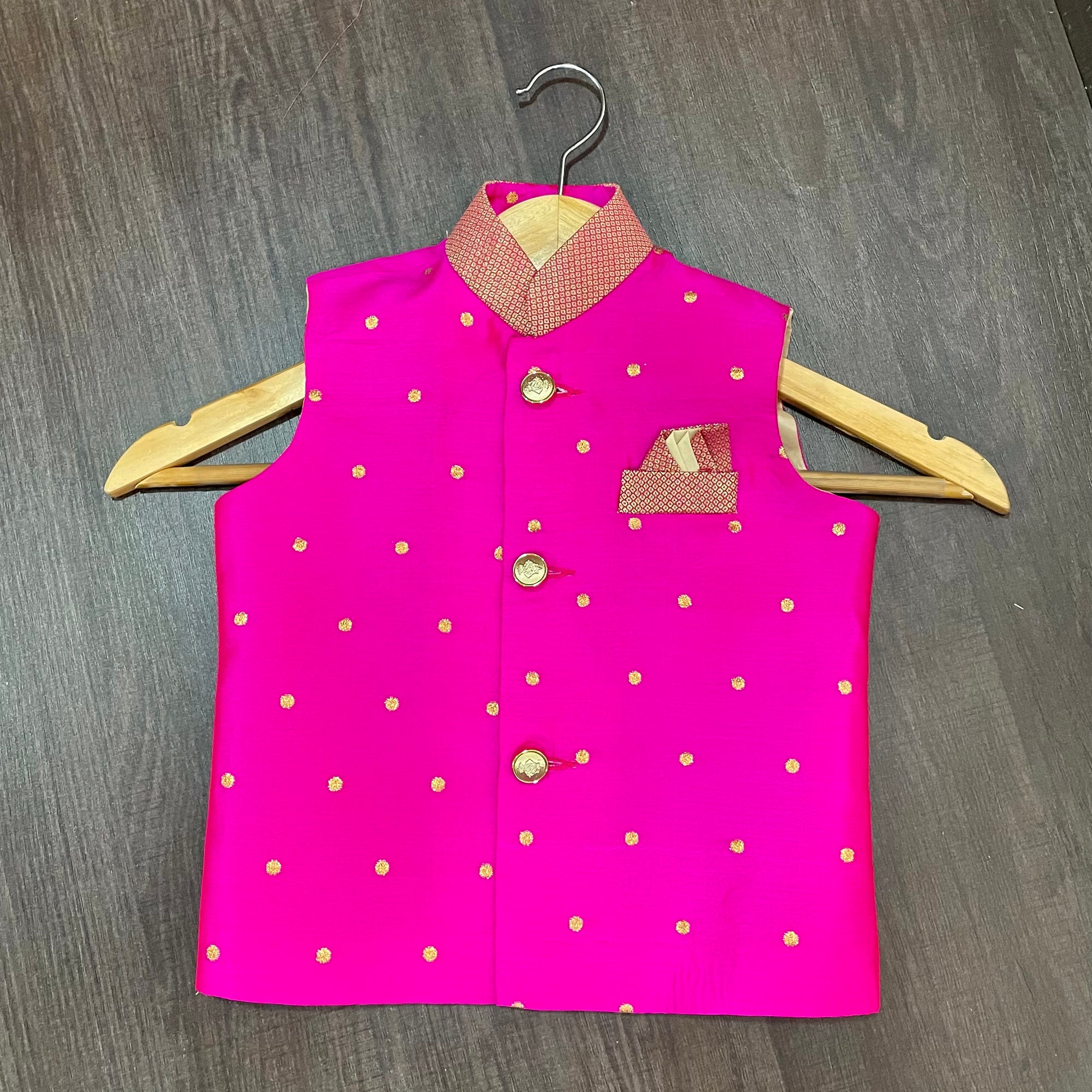 Pink Paithani Butta Modi Jacket For Boys