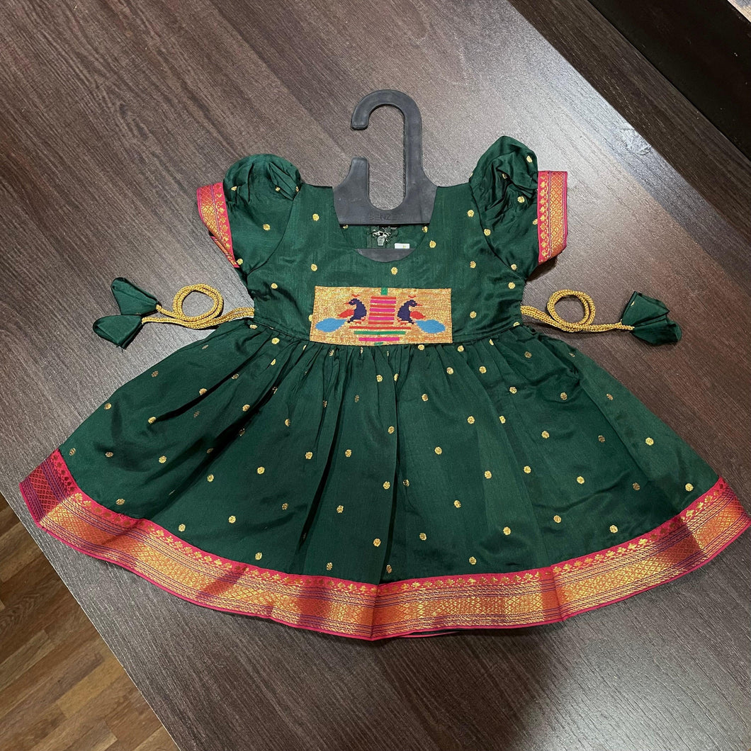 Bottle Green Silk Paithani Styled Peacock Patch Frock - MEEMORA FROCKS