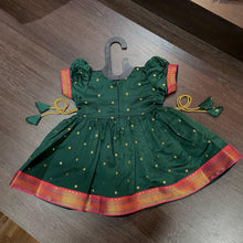 Load image into Gallery viewer, Bottle Green Silk Paithani Styled Peacock Patch Frock - MEEMORA FROCKS
