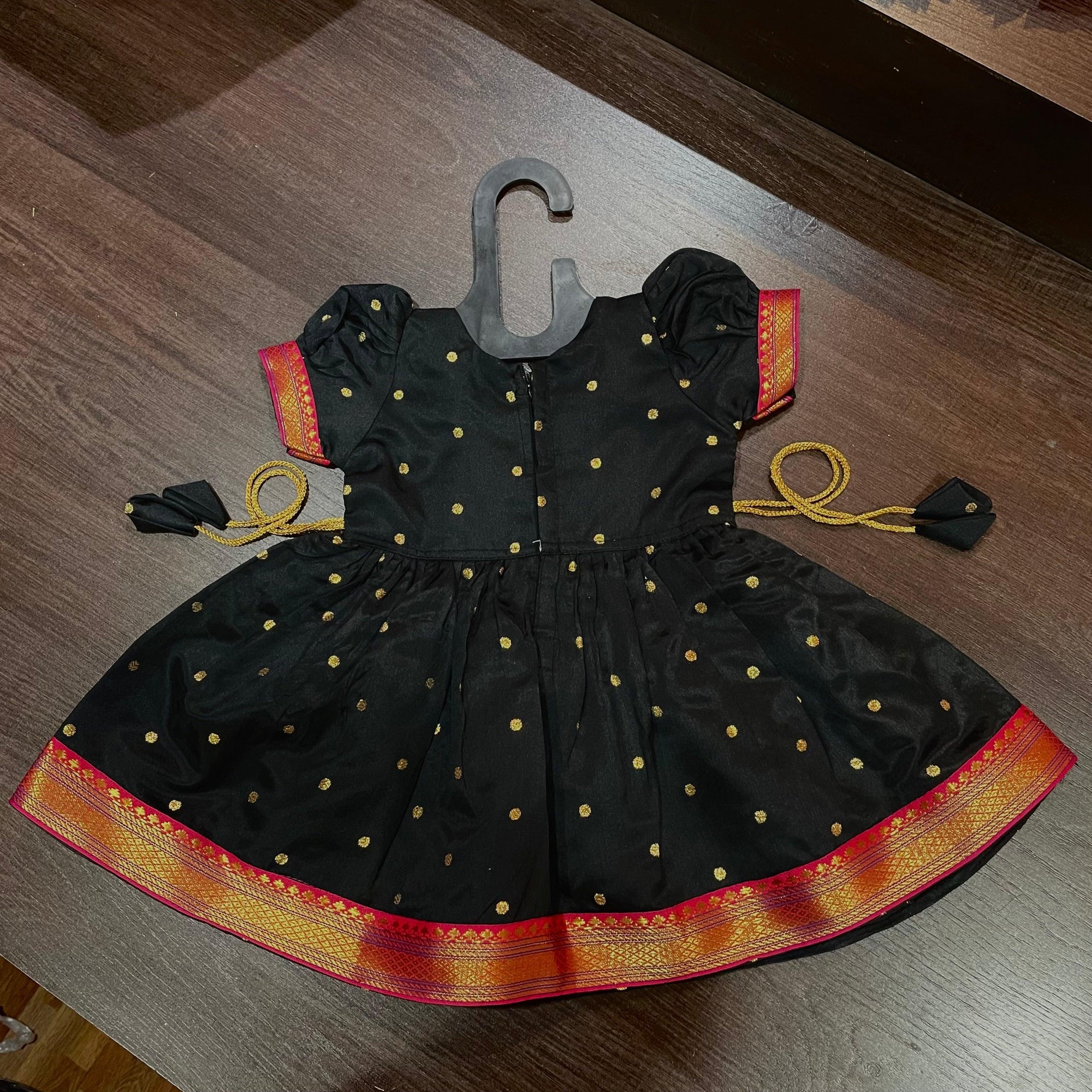Black Silk Paithani Styled Peacock Patch Frock - MEEMORA FROCKS