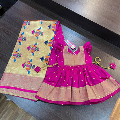 Ranipink Paithani Border Styled Frock & Peacock Pallu Saree Combo - MEEMORA FROCKS