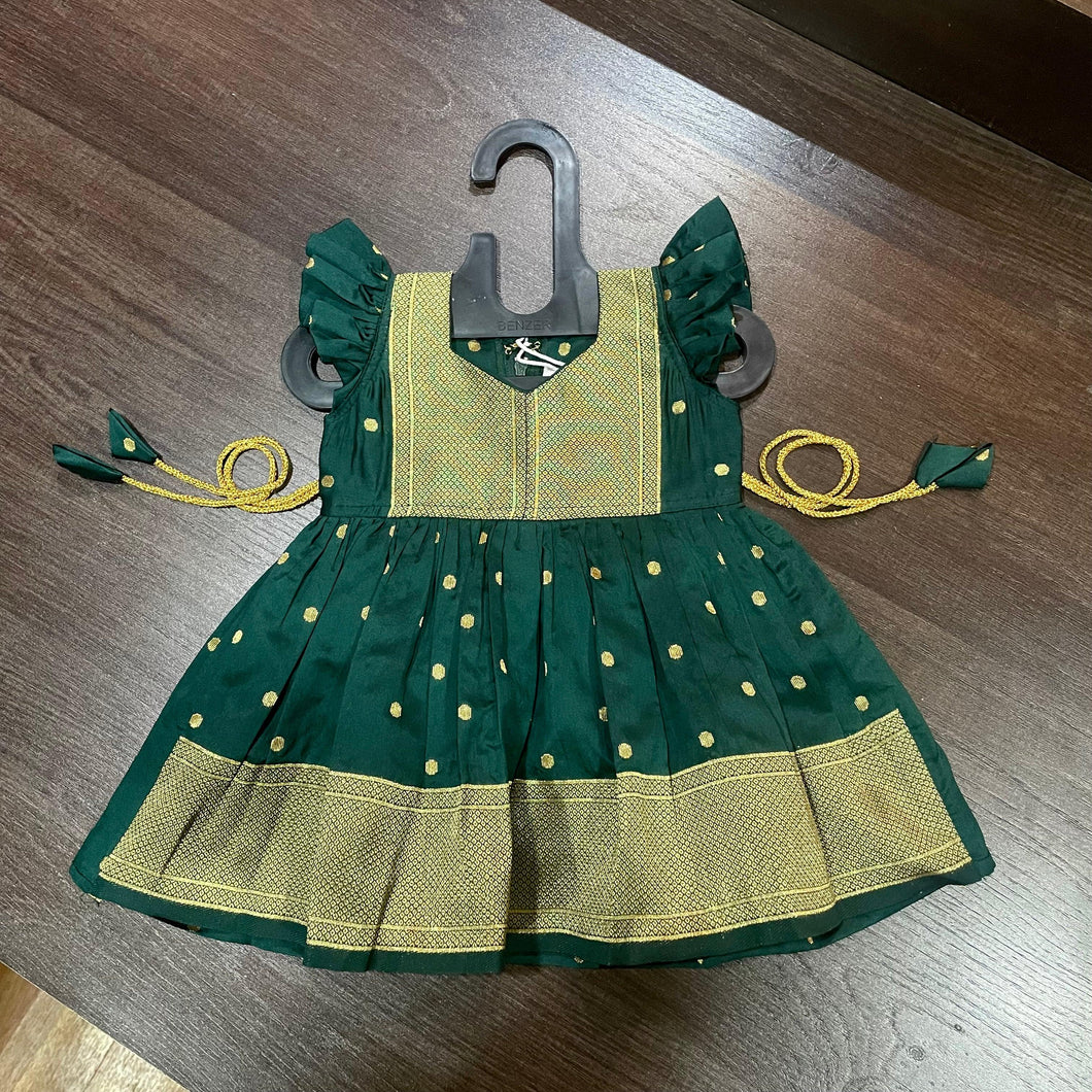 Bottle Green Color Silk with Paithani Border Patch Dress - MEEMORA FROCKS