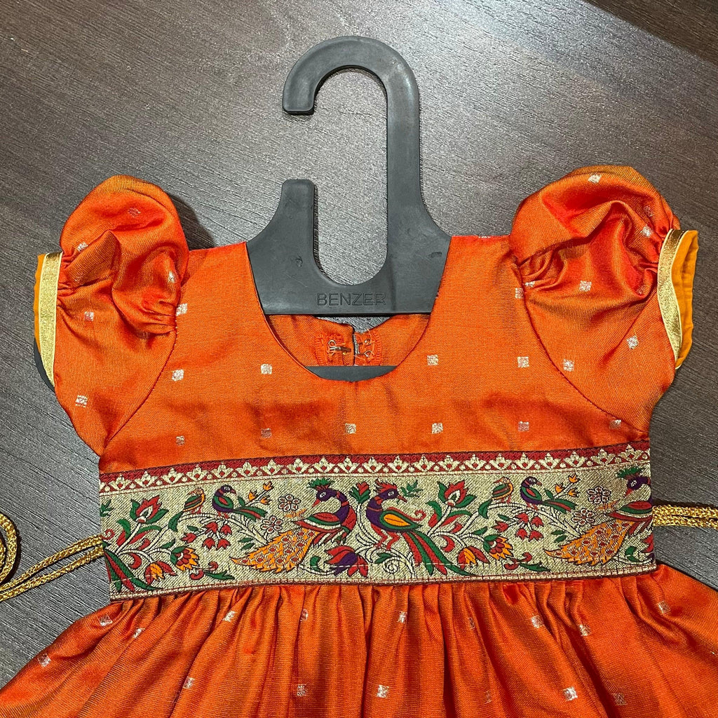Orange Silk with Peacock Paithani Border Dress - MEEMORA FROCKS