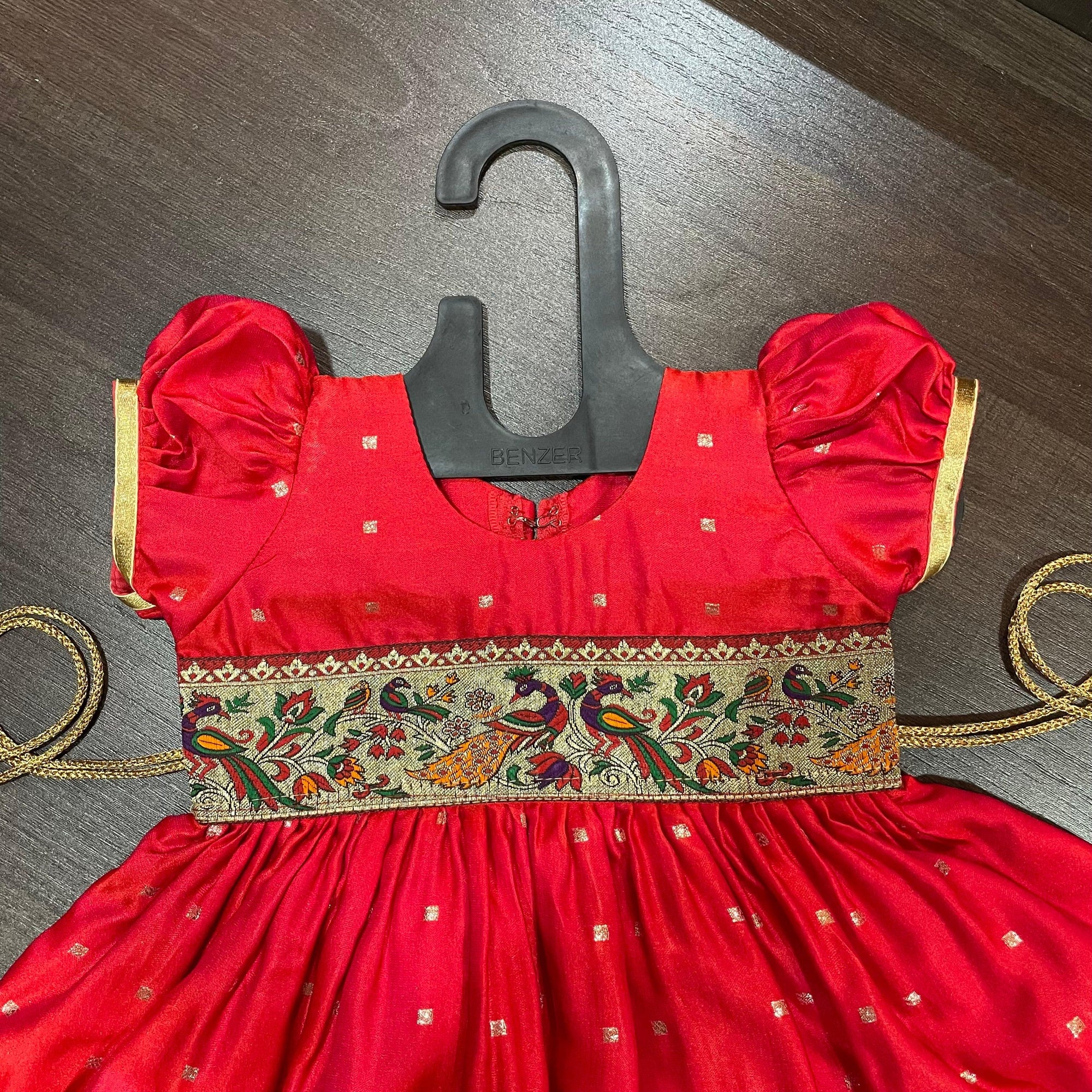 Cherry Silk with Peacock Paithani Border Dress - MEEMORA FROCKS