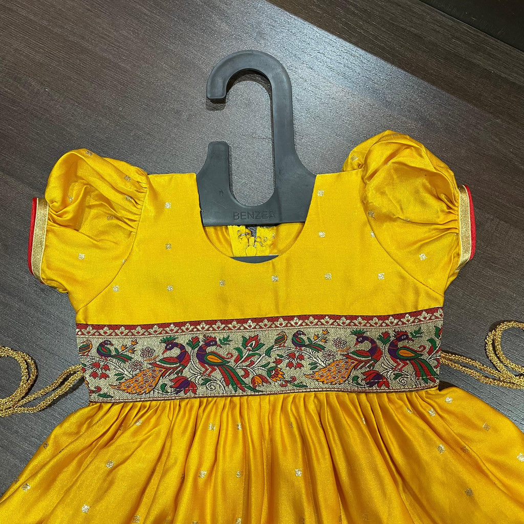 Yellow Silk with Peacock Paithani Border Dress - MEEMORA FROCKS