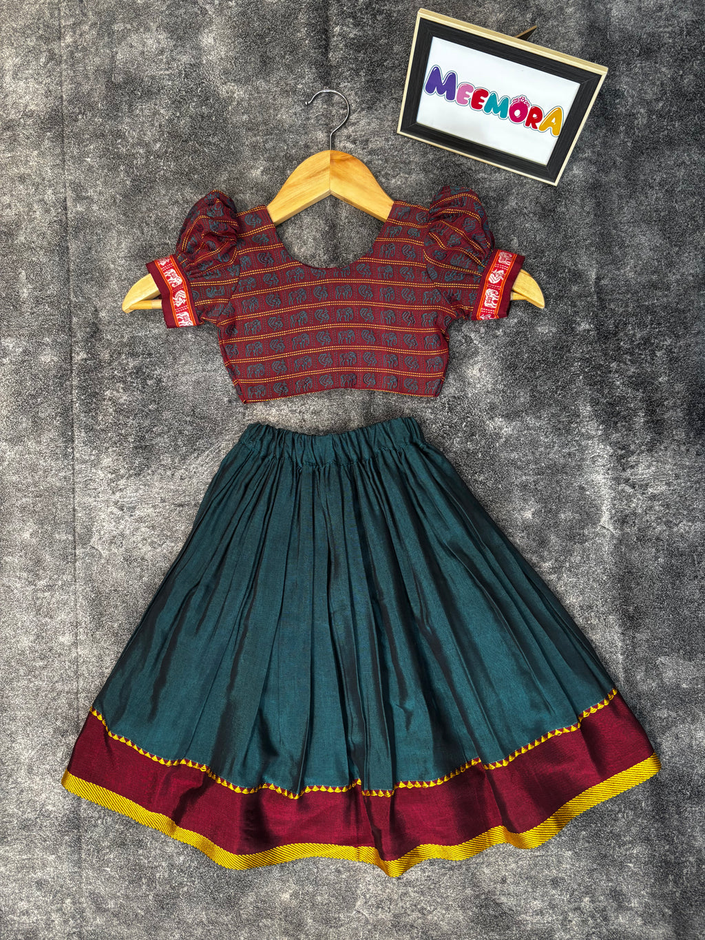 Teal Blue Silk Skirt With Khun Multi Color Blouse