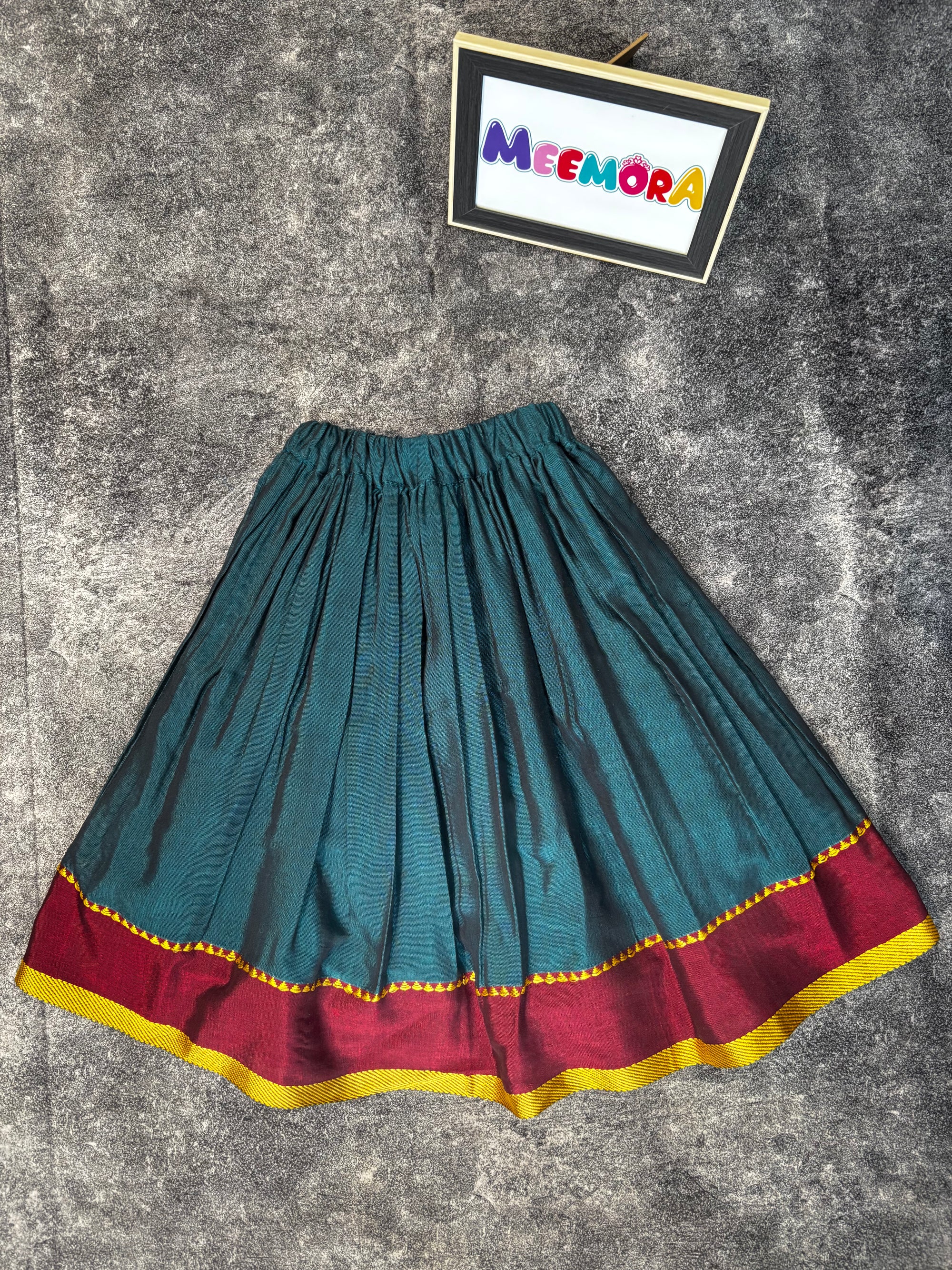 Teal Blue Silk Skirt With Khun Multi Color Blouse