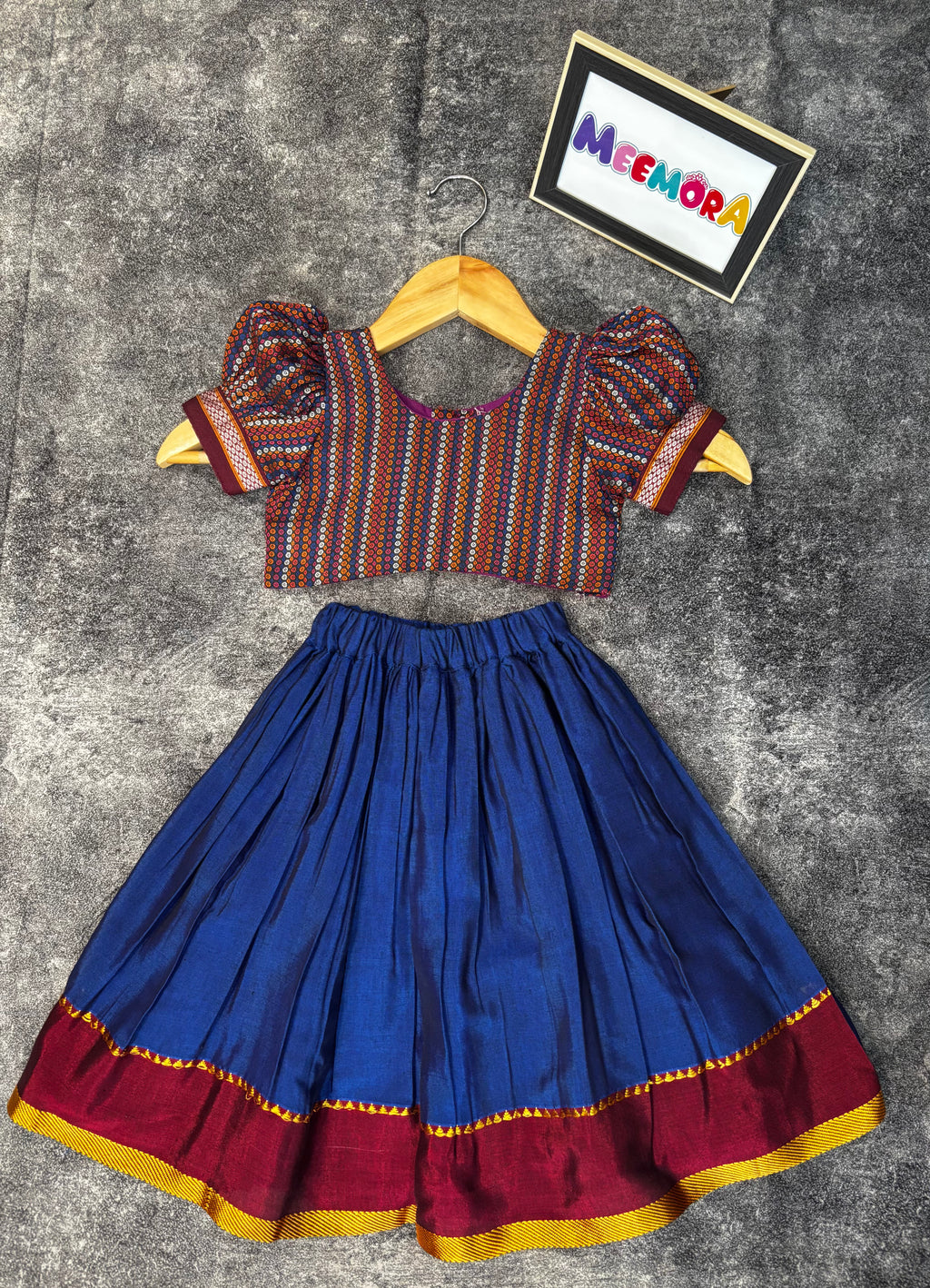Royal Blue Silk Skirt With Khun Multi Color Blouse