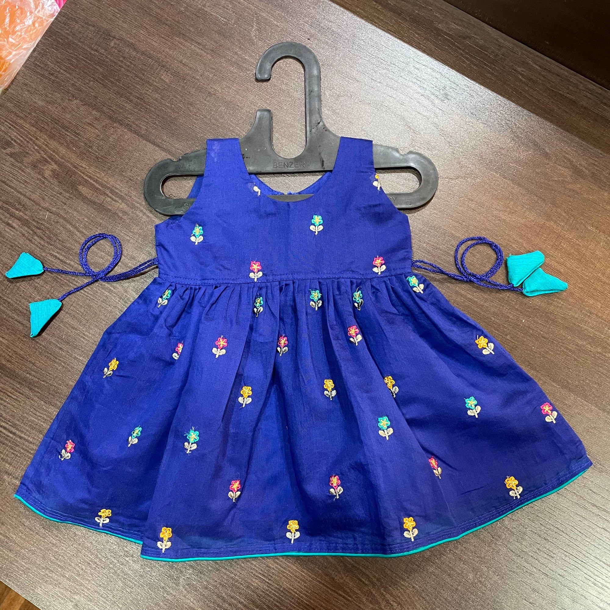 Royal Blue Flower Embroidery Cotton Silk Frock - MEEMORA FROCKS