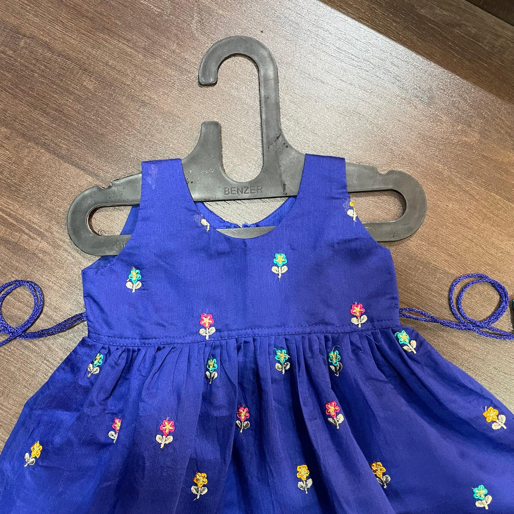 Royal Blue Flower Embroidery Cotton Silk Frock - MEEMORA FROCKS