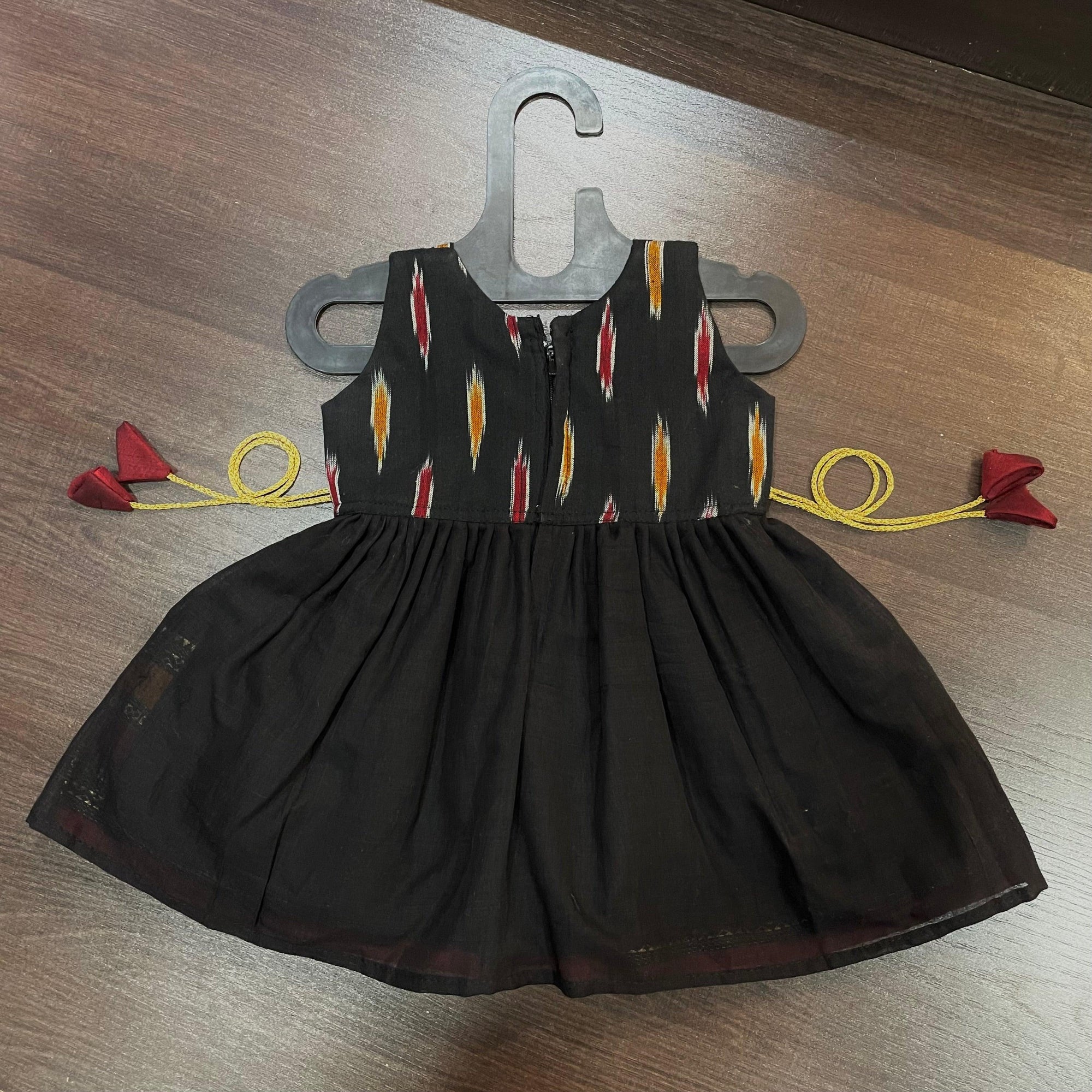 Black Maroon Mustard Ikat Ilkal Combination Knee Length Frock Dress - MEEMORA FROCKS