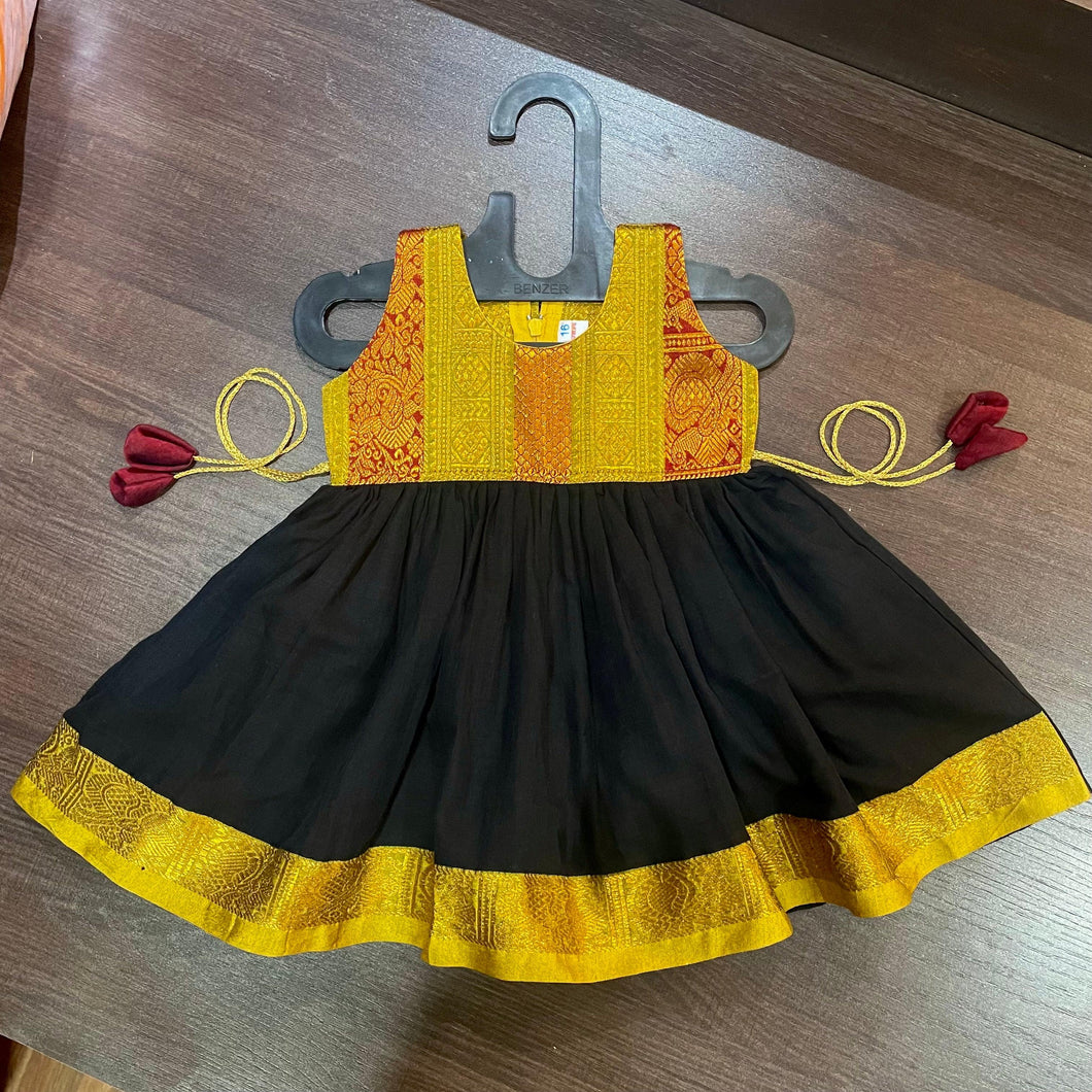 Black Mustard Peacock Border Patch Ilkal Frock Dress - MEEMORA FROCKS