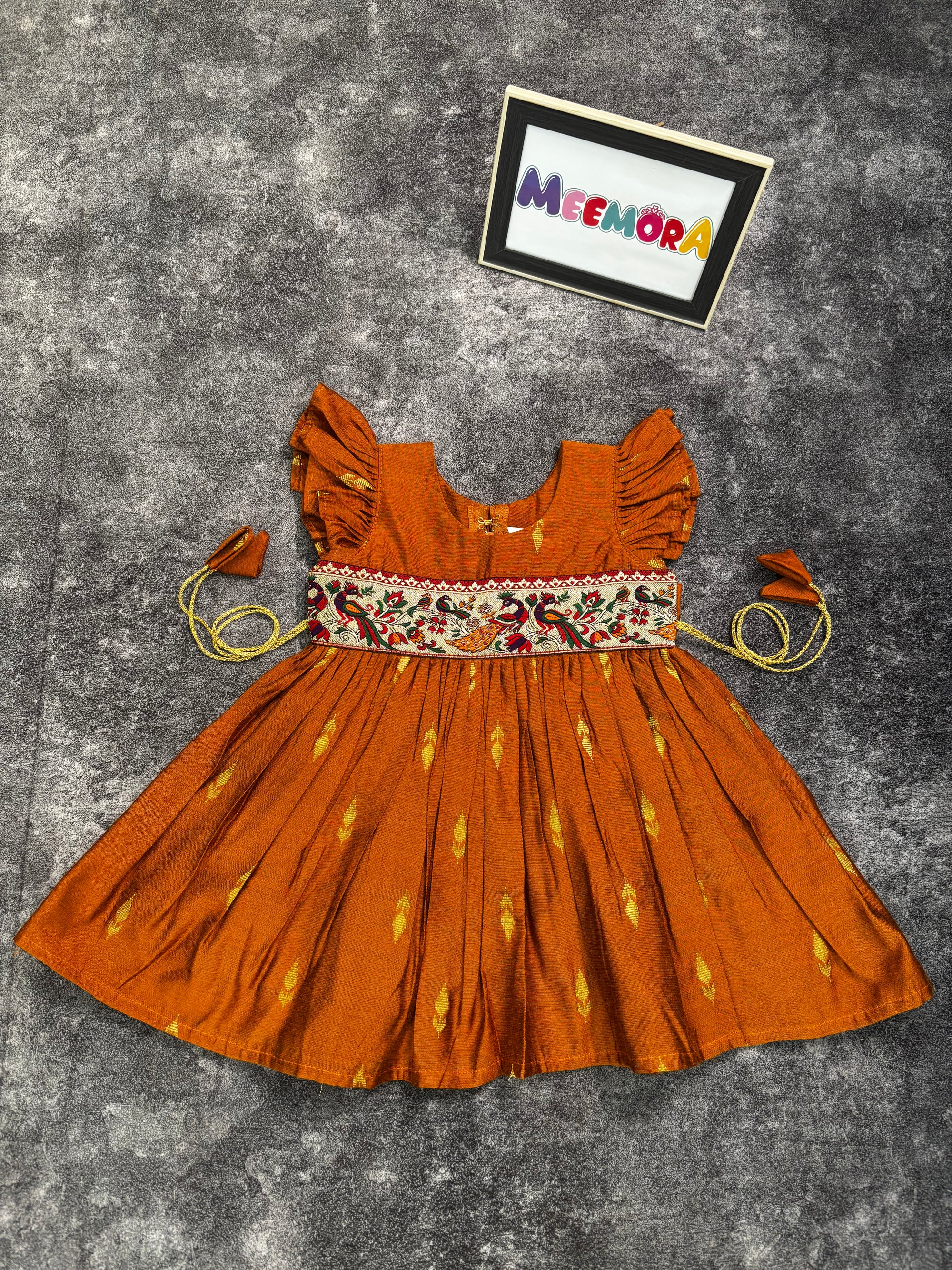 Mustard Raw Silk Paithani Frill Frock