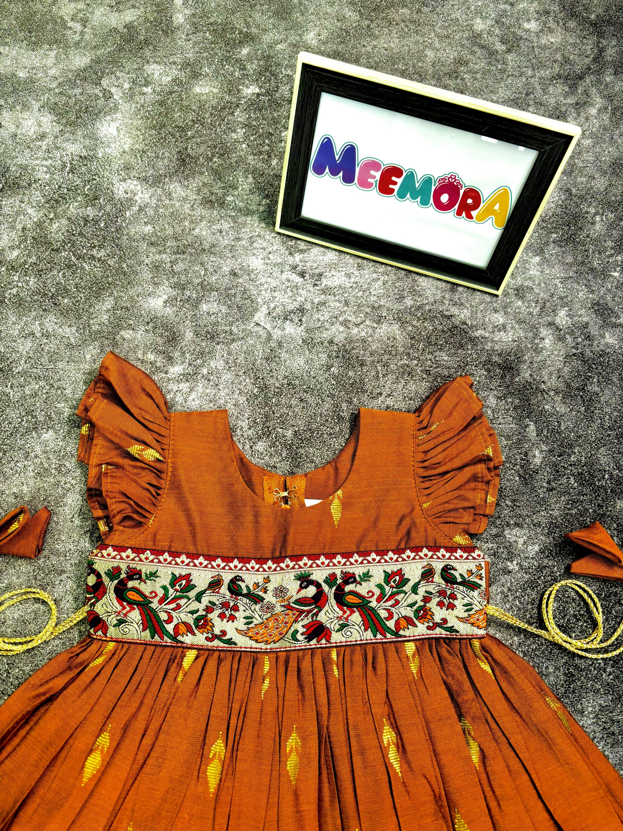 Mustard Raw Silk Paithani Frill Frock