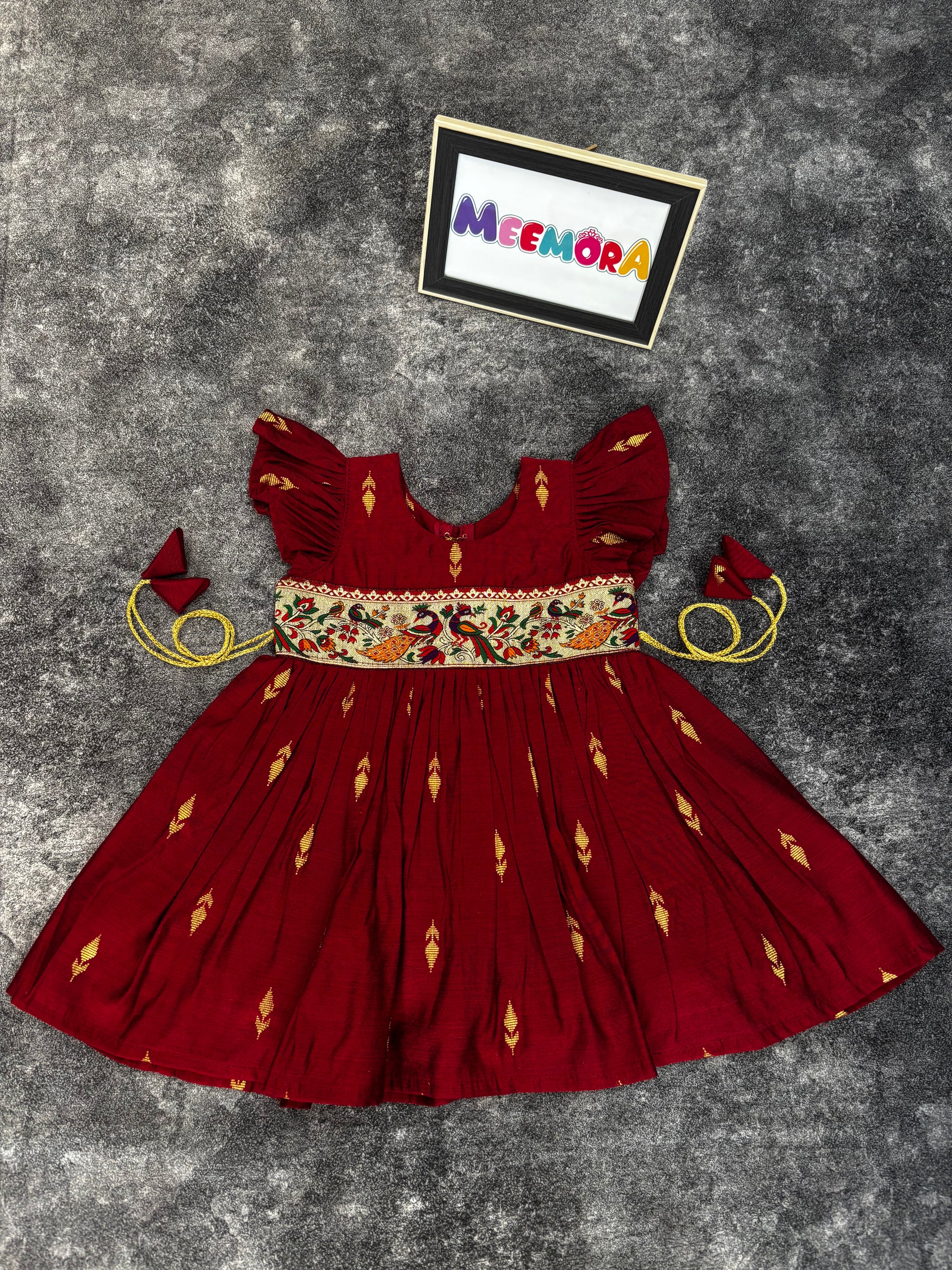 Maroon Raw Silk Paithani Frill Frock