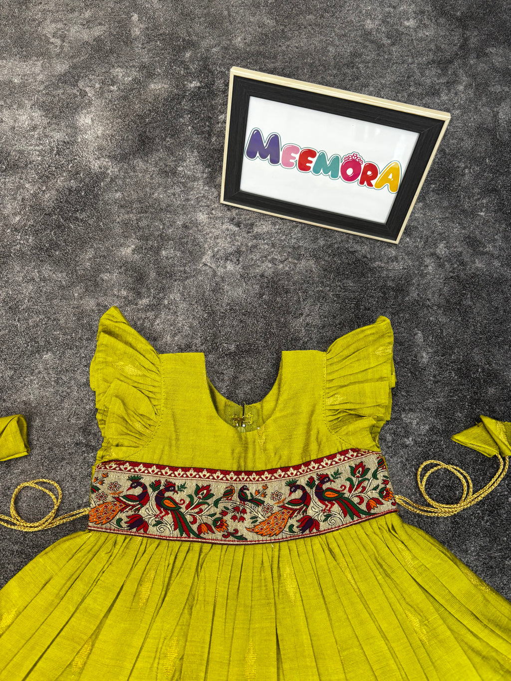 Lime Raw Silk Paithani Frill Frock
